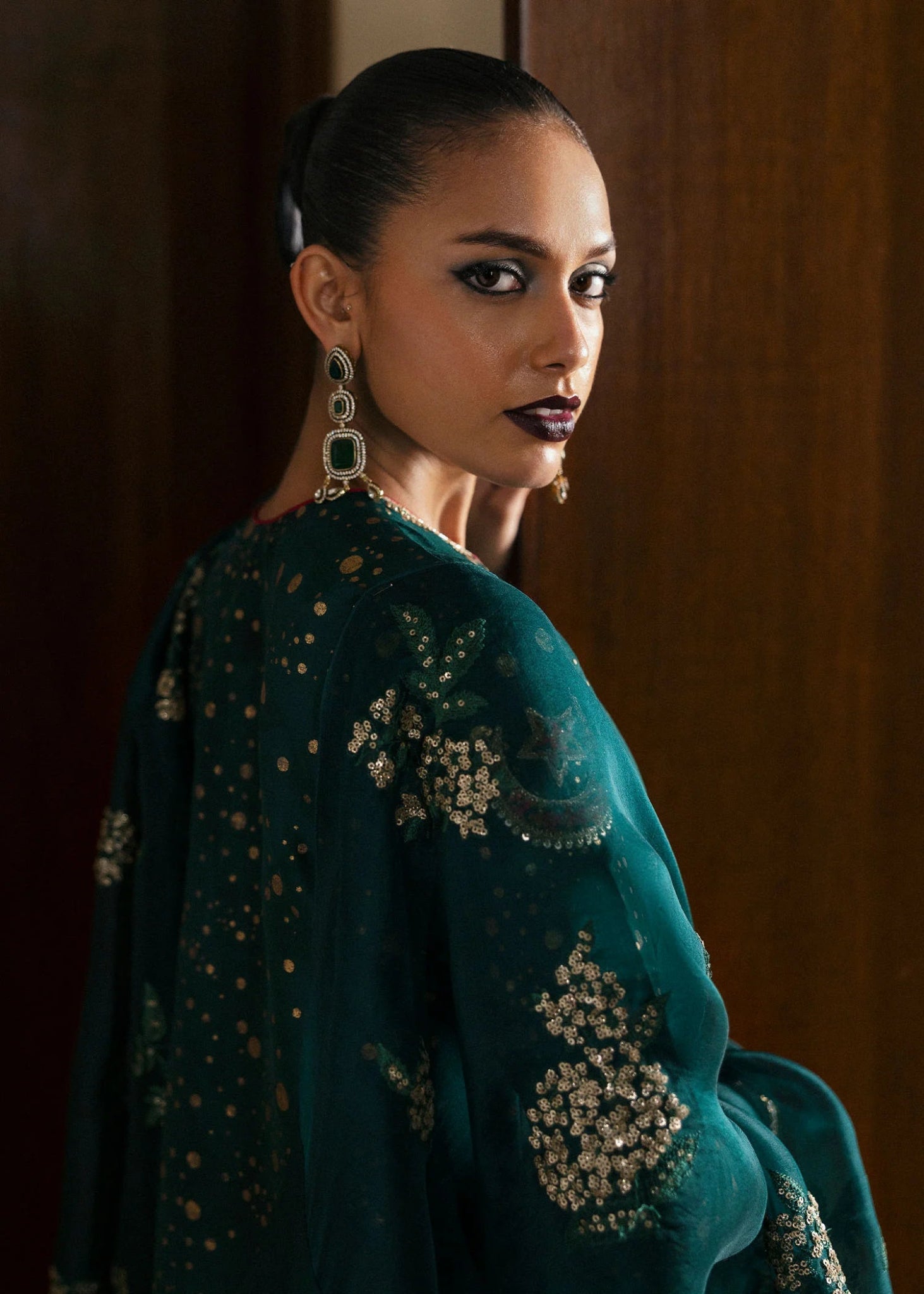 Model wearing Verdure from Hussain Rehar's BASIC NOT BASIC V collection in vibrant green tones. Pakistani clothes online in UK at Signature Labels.