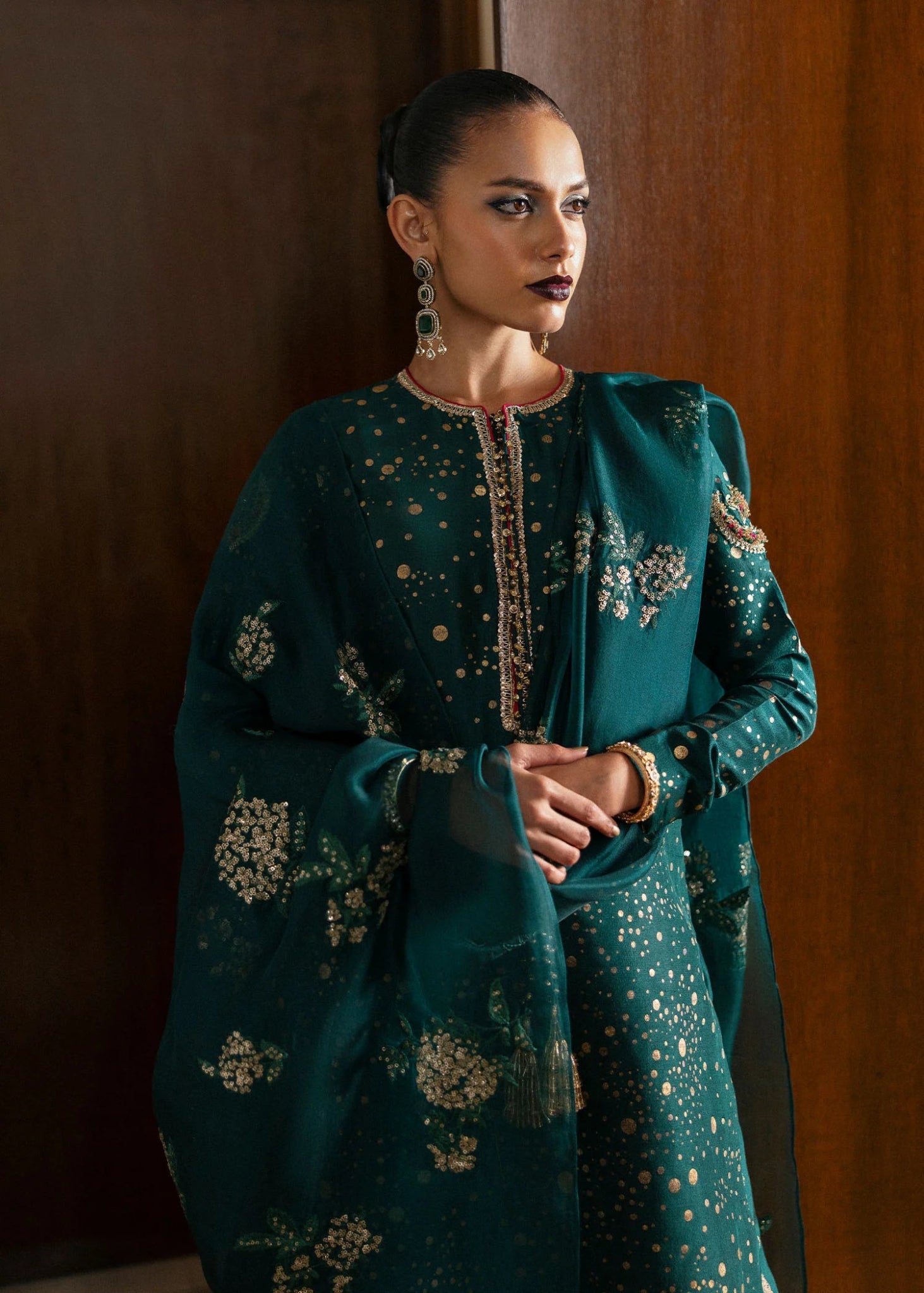 Model wearing Verdure from Hussain Rehar's BASIC NOT BASIC V collection in vibrant green tones. Pakistani clothes online in UK at Signature Labels.