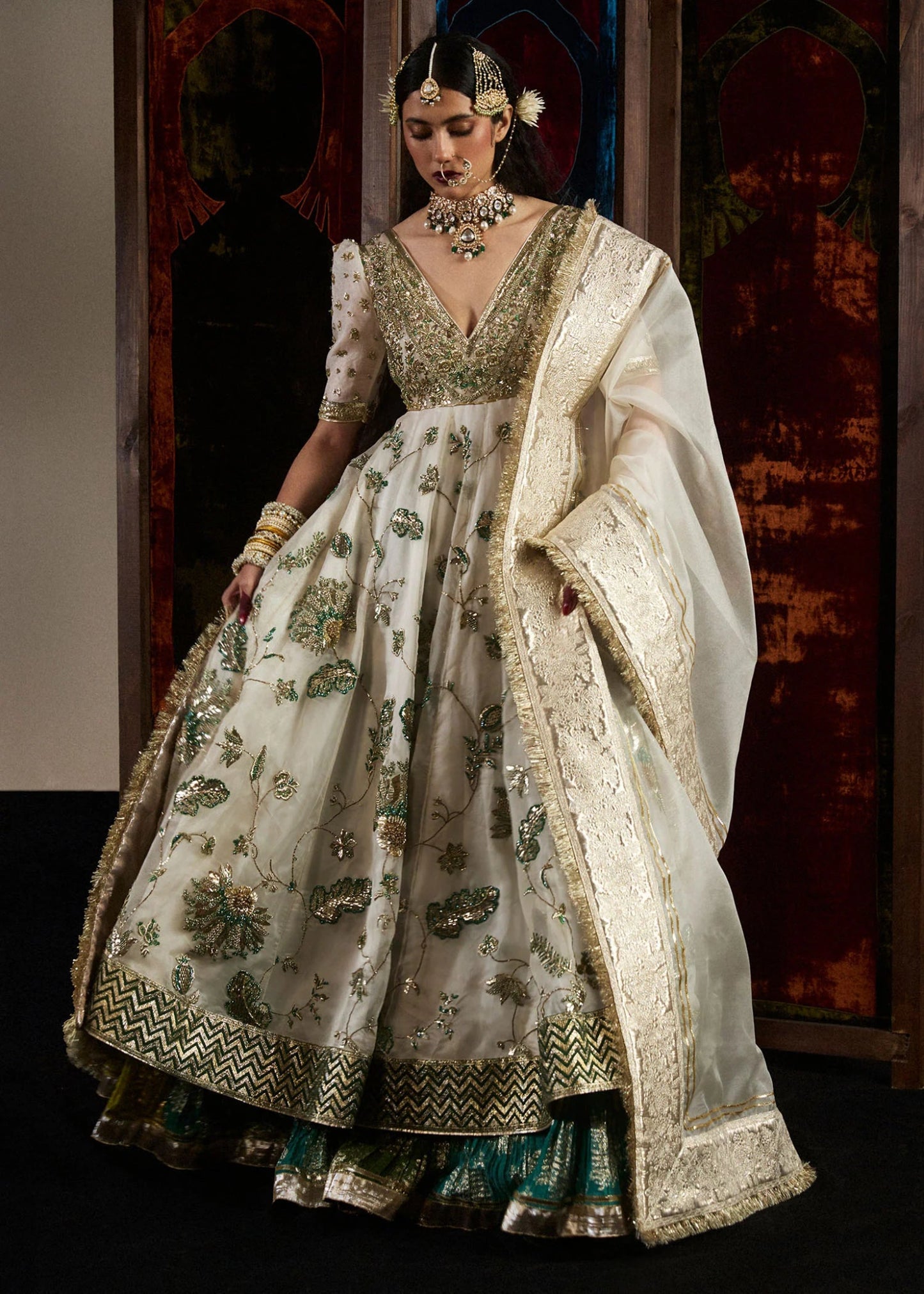 Model wearing Aaj from Hussain Rehar's Bridal Couture '24, exuding luxury bridal elegance. Pakistani clothes online in UK.