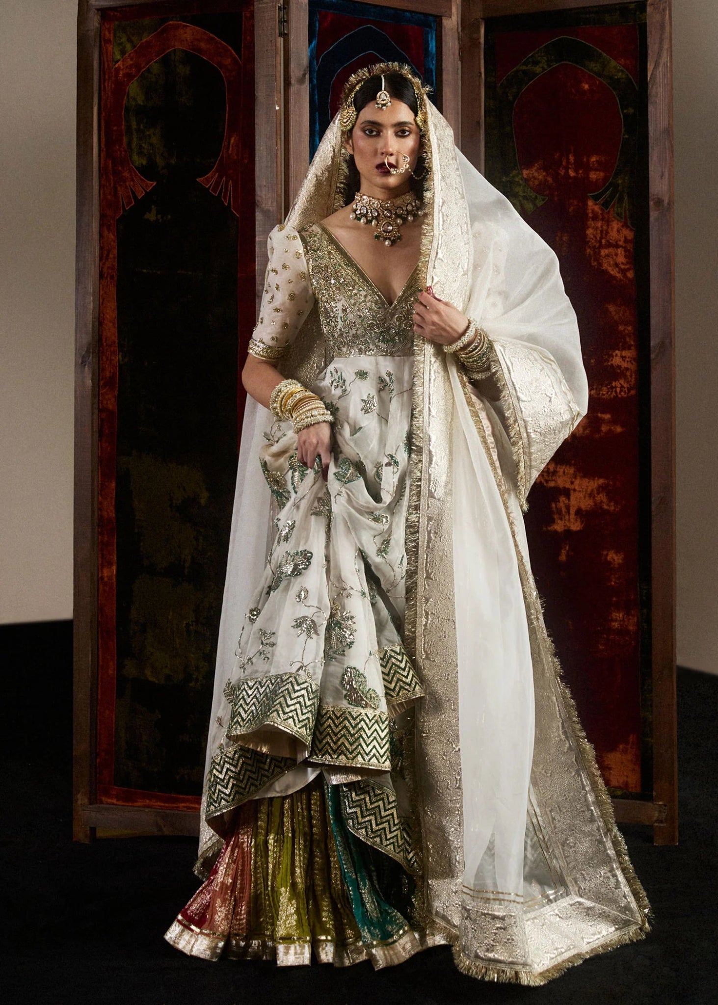 Model wearing Aaj from Hussain Rehar's Bridal Couture '24, exuding luxury bridal elegance. Pakistani clothes online in UK.