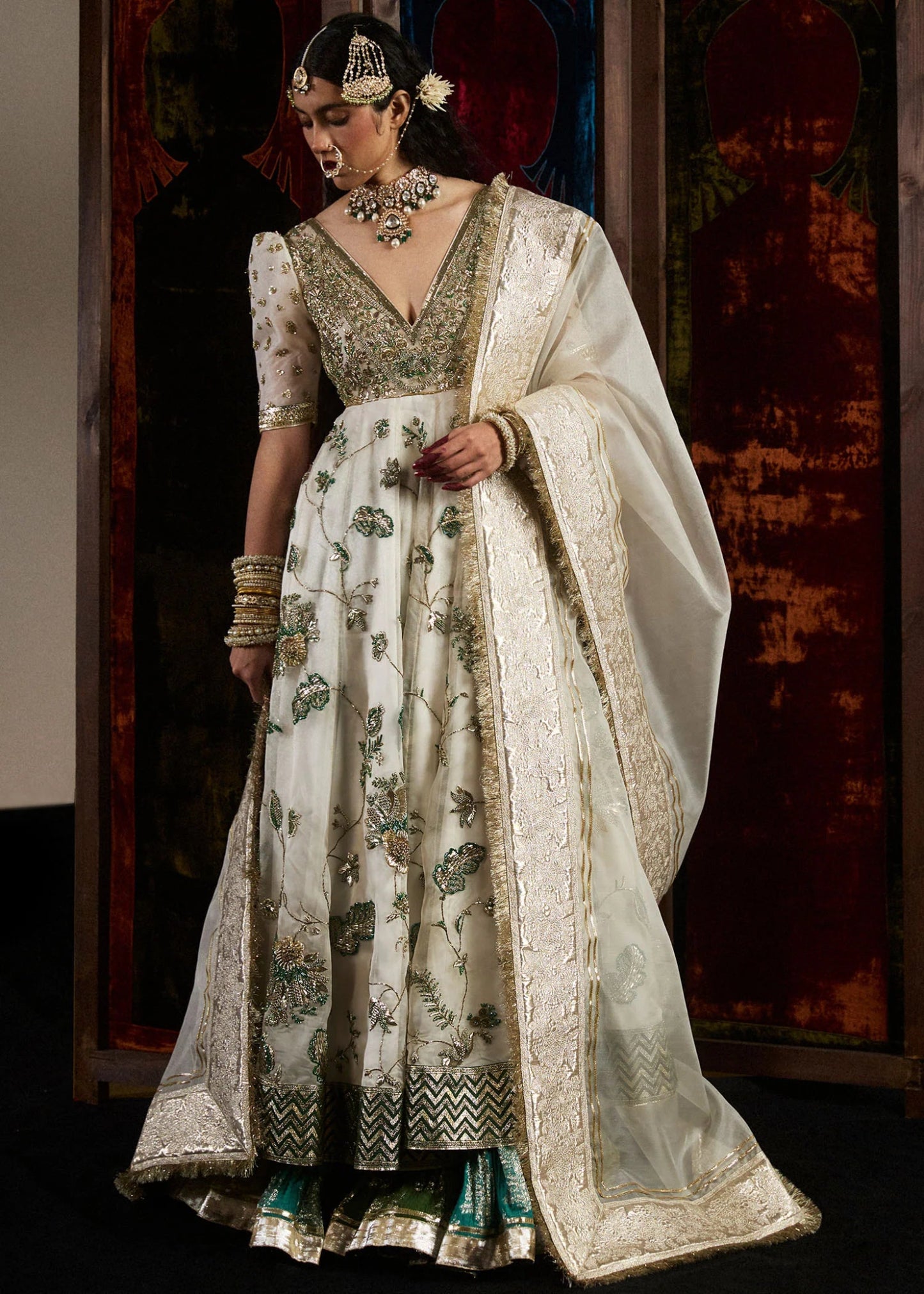 Model wearing Aaj from Hussain Rehar's Bridal Couture '24, exuding luxury bridal elegance. Pakistani clothes online in UK.