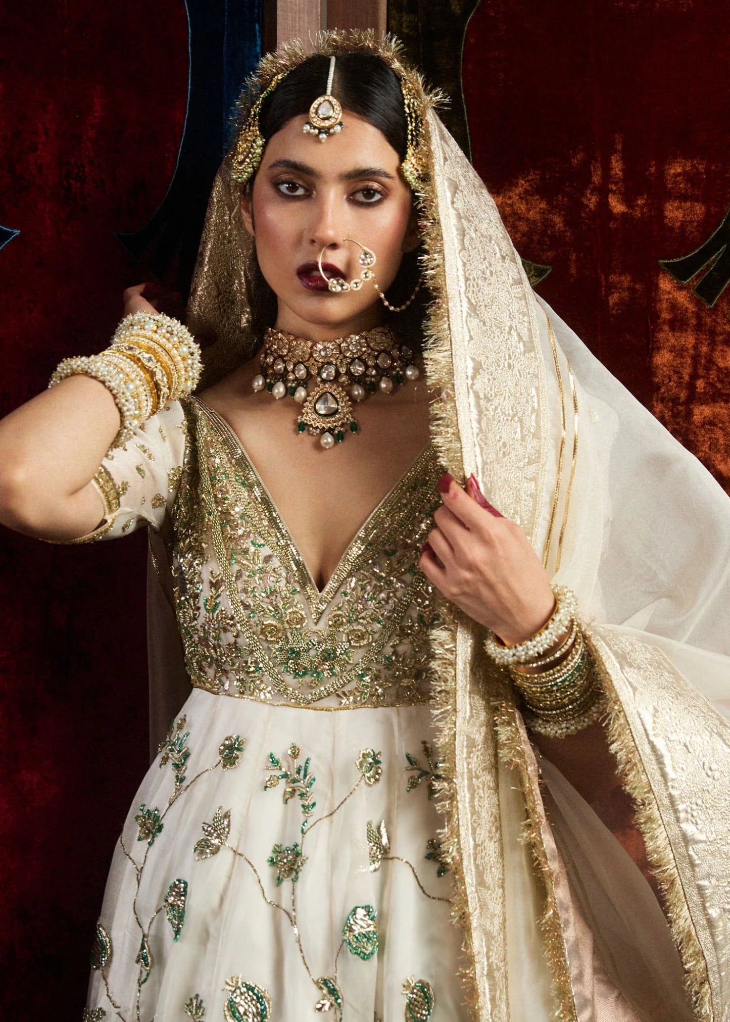 Model wearing Aaj from Hussain Rehar's Bridal Couture '24, exuding luxury bridal elegance. Pakistani clothes online in UK.