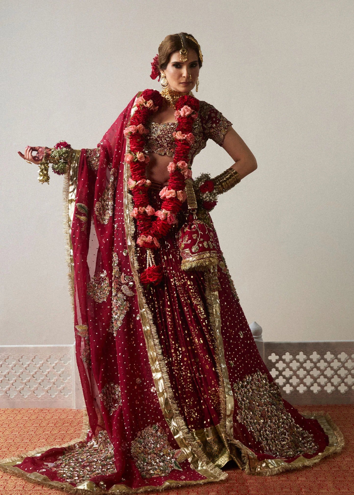 Model wearing Aatish - een from Hussain Rehar's Bridal Couture '24, featuring a luxurious bridal design. Pakistani clothes online in UK.