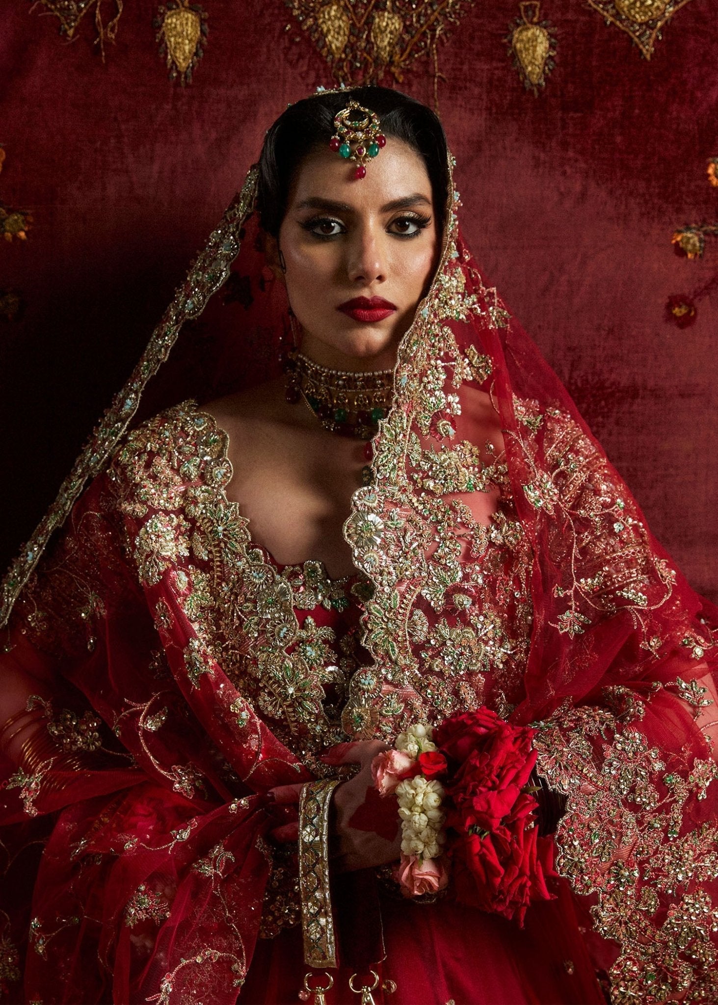 Model wearing Anisha from Hussain Rehar's Bridal Couture '24, showcasing a luxurious bridal look. Pakistani clothes online in UK.