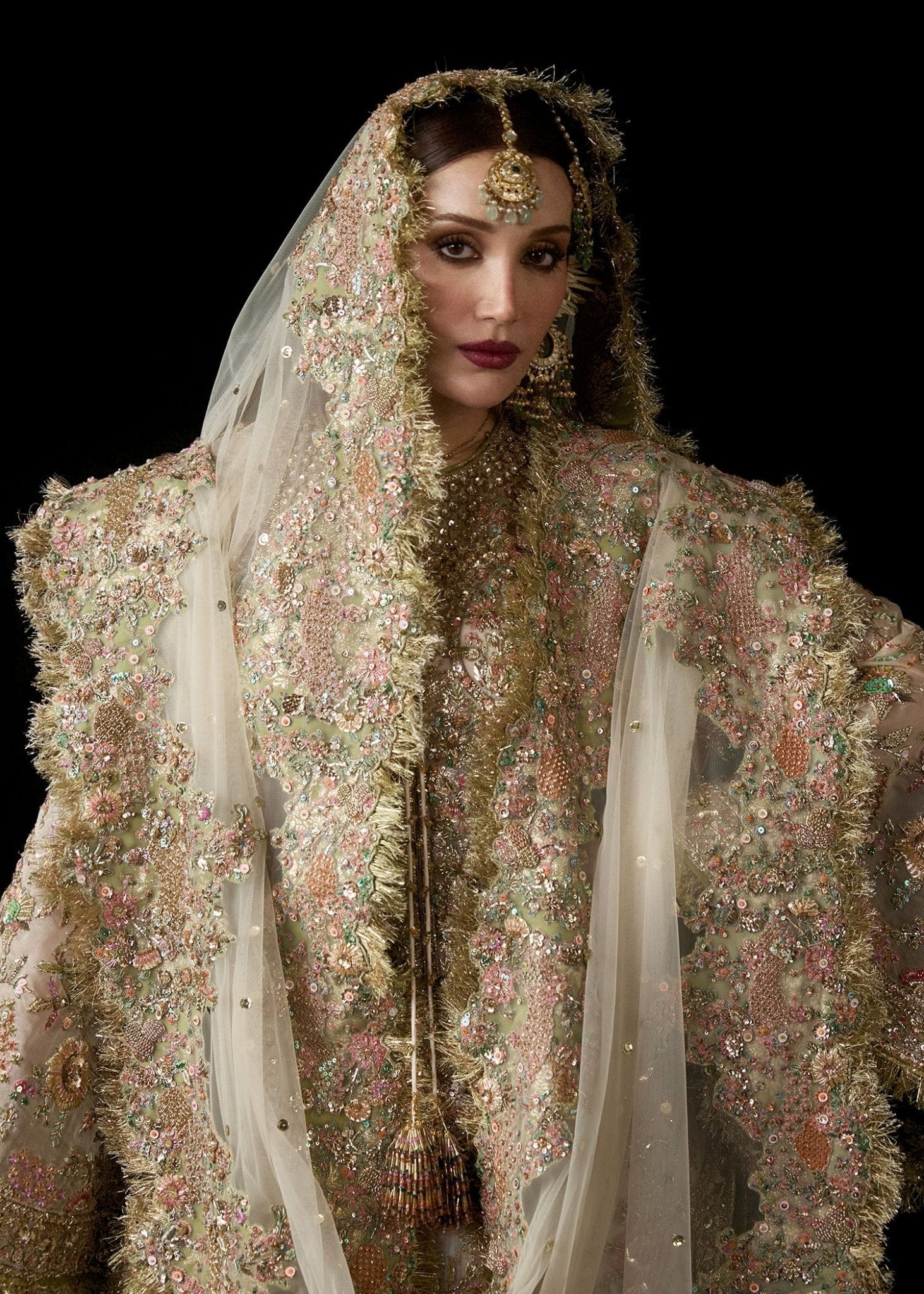 Model wearing Mahtabi from Hussain Rehar's Bridal Couture '24, showcasing luxurious bridal design. Pakistani clothes online in UK, Luxury Pret.