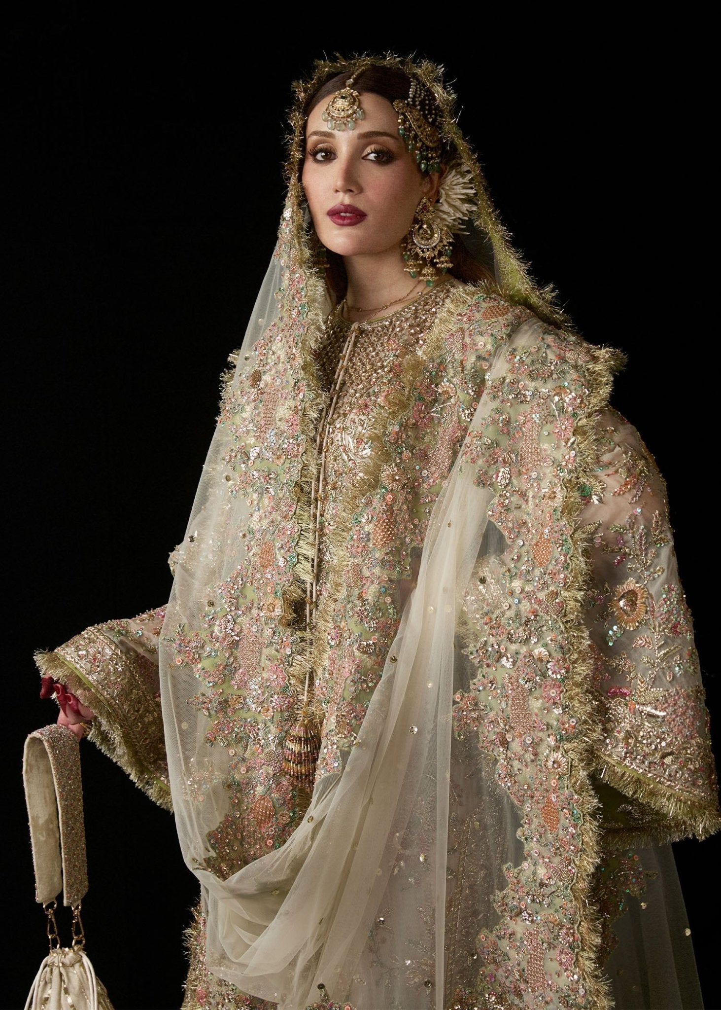 Model wearing Mahtabi from Hussain Rehar's Bridal Couture '24, showcasing luxurious bridal design. Pakistani clothes online in UK, Luxury Pret.