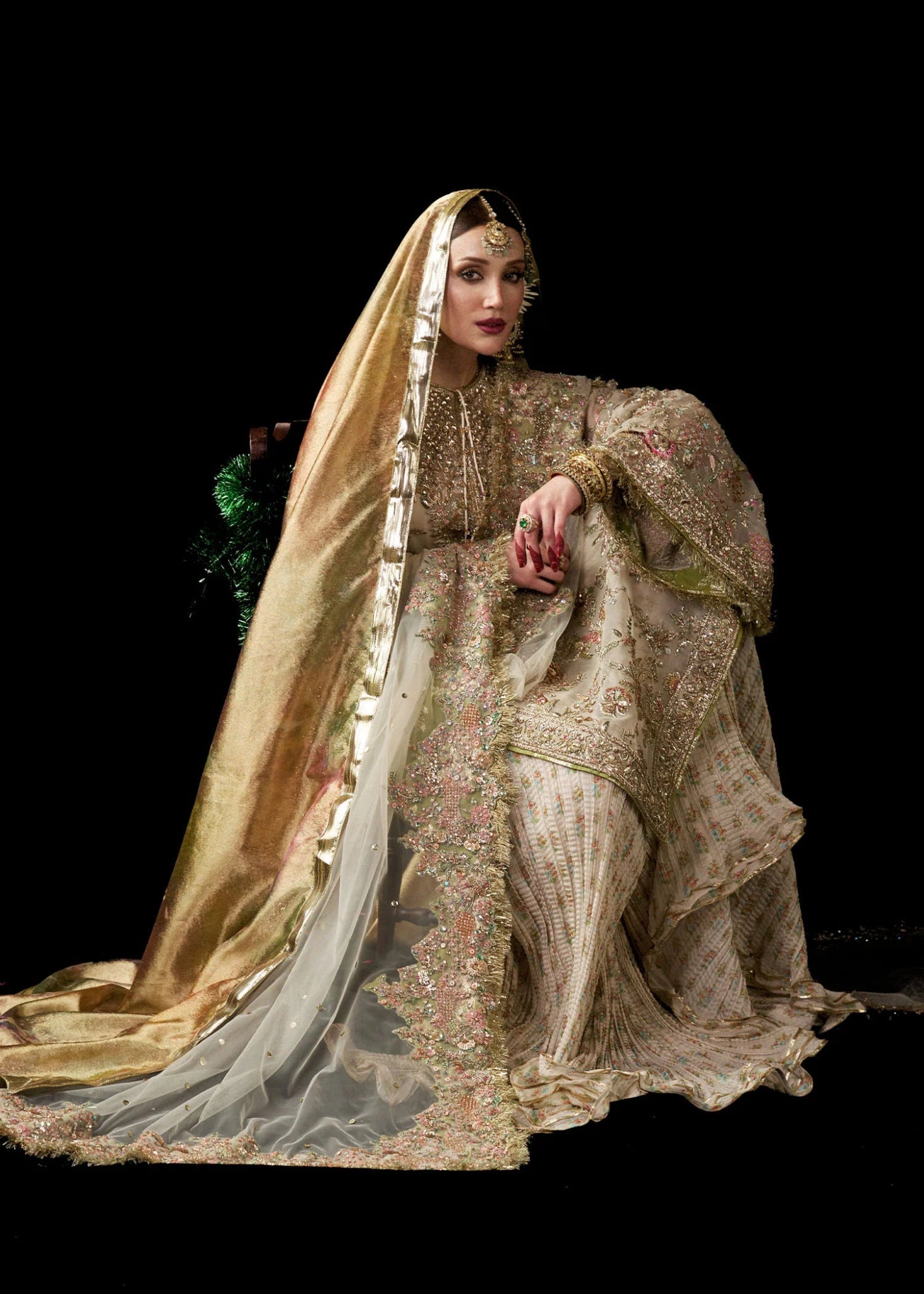 Model wearing Mahtabi from Hussain Rehar's Bridal Couture '24, showcasing luxurious bridal design. Pakistani clothes online in UK, Luxury Pret.