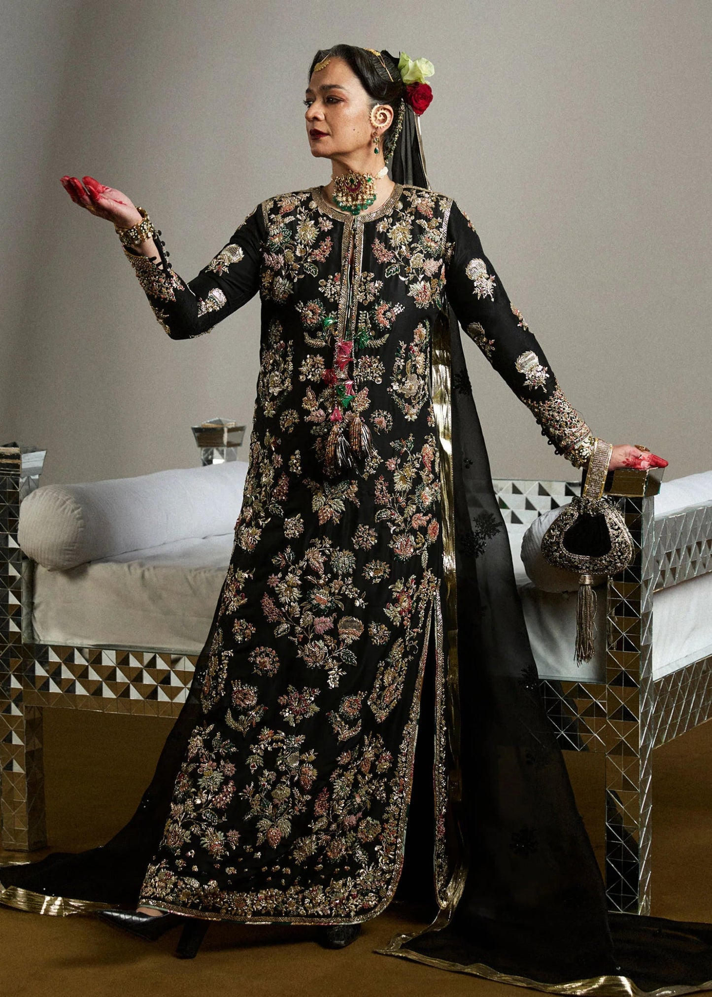 Model wearing Qaatim from Hussain Rehar's Bridal Couture '24, featuring exquisite bridal craftsmanship. Pakistani clothes online in UK.