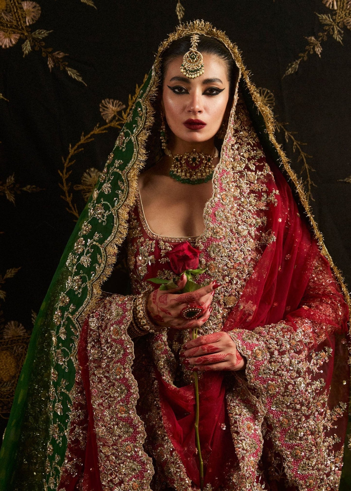 Model wearing Qashqaye from Hussain Rehar's Bridal Couture '24, exuding luxury and elegance. Pakistani clothes online in UK.