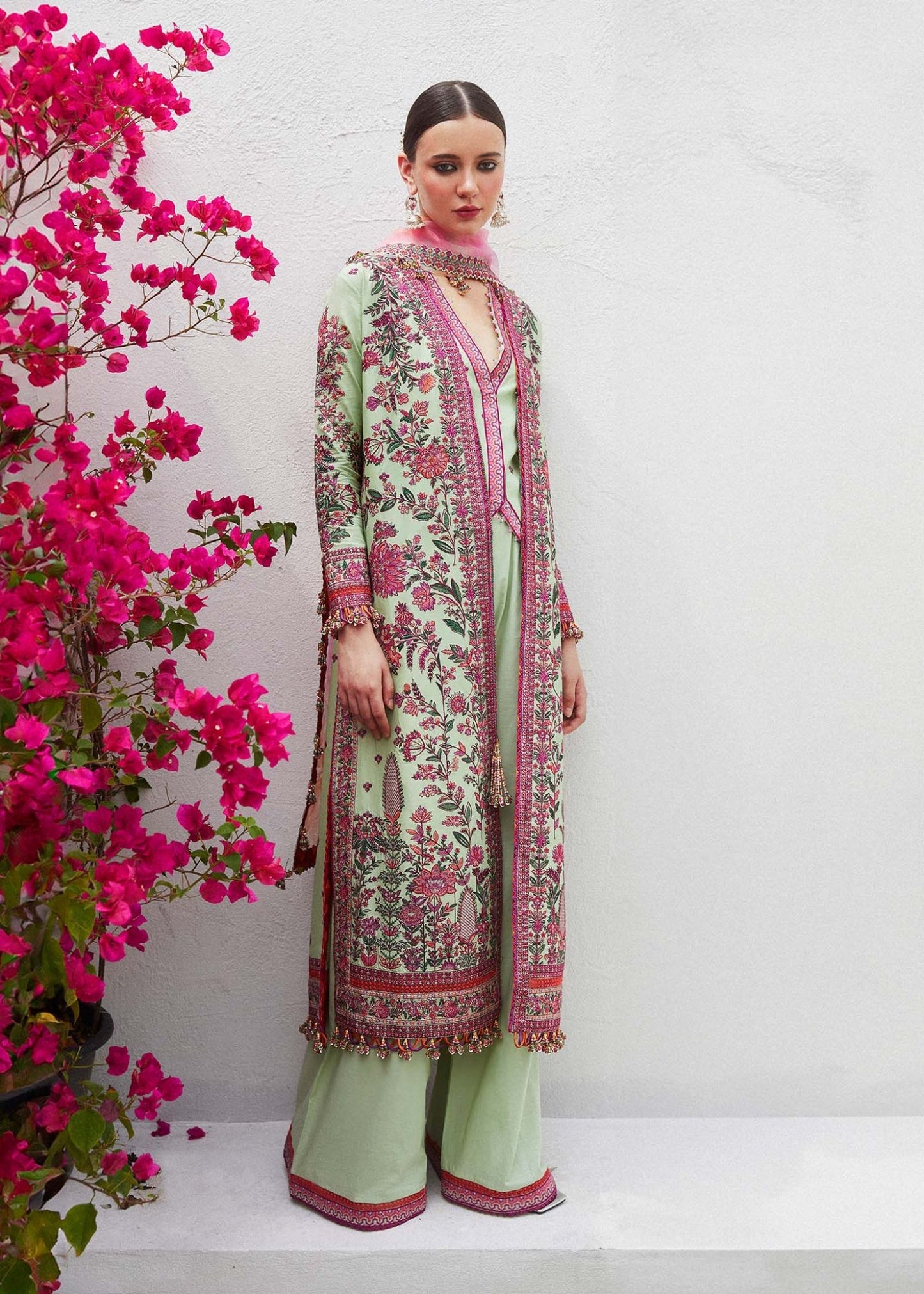 Model wearing Hussain Rehar EIRA sage green embroidered dress, Pakistani Eid lawn SS/24 in UK.