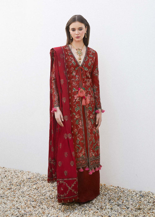 Model wearing Hussain Rehar RUHI maroon embroidered dress, Pakistani Eid lawn SS/24 in UK.