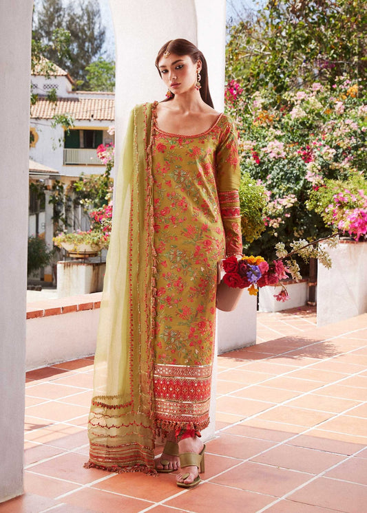 Model wearing Hussain Rehar SORBET olive floral dress, Pakistani Eid lawn SS/24 in UK.