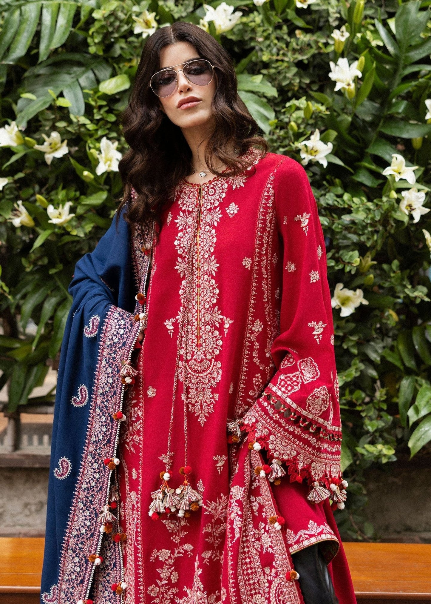 Model wearing Aman from Hussain Rehar's Karandi AW '24 collection, featuring elegant designs. Luxury Pakistani clothes online in UK.