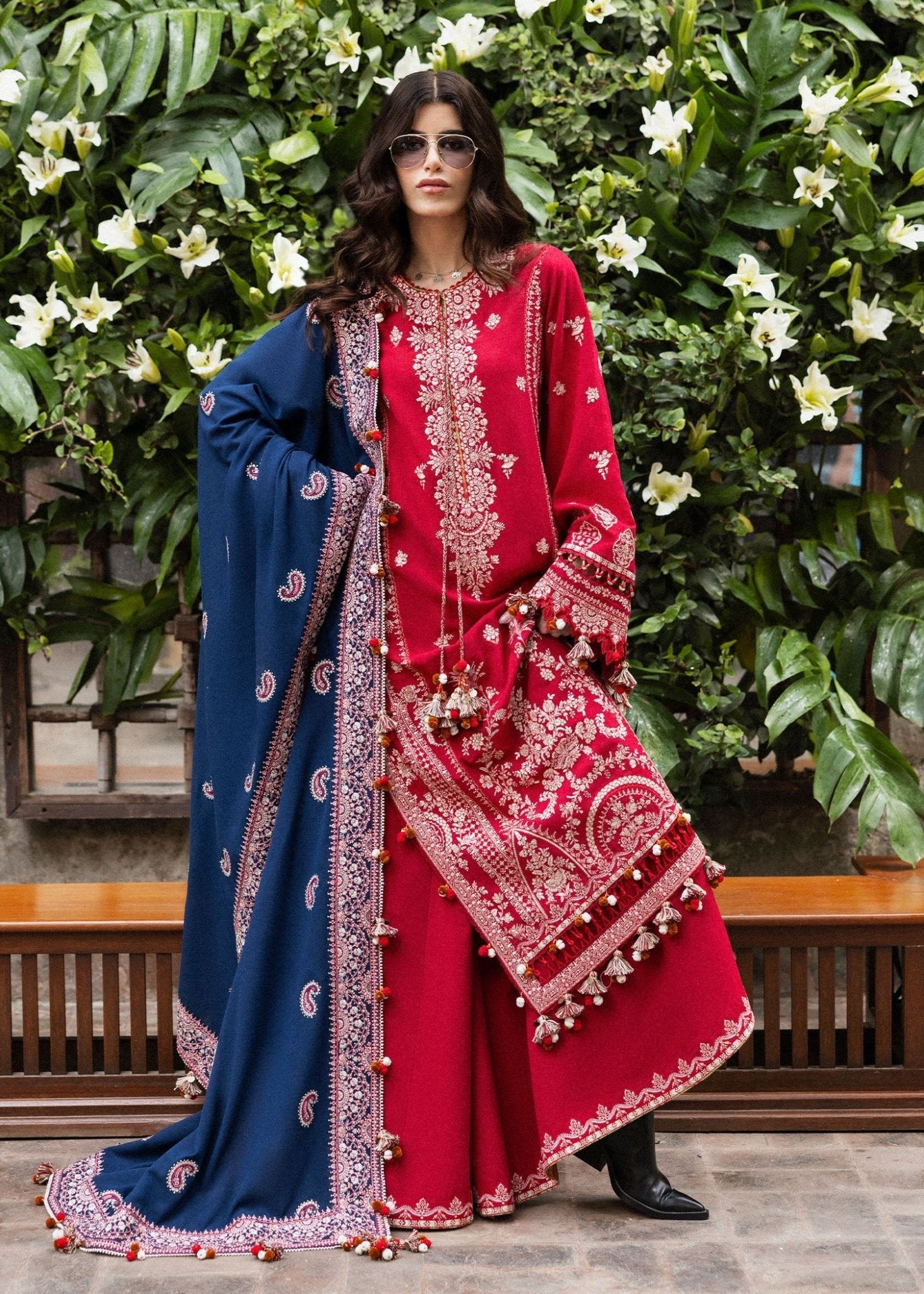 Model wearing Aman from Hussain Rehar's Karandi AW '24 collection, featuring elegant designs. Luxury Pakistani clothes online in UK.