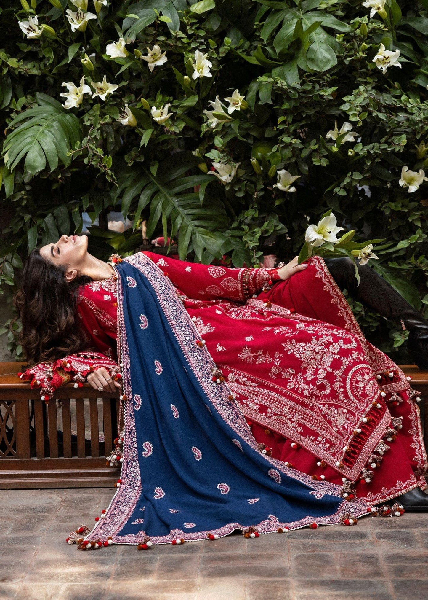 Model wearing Aman from Hussain Rehar's Karandi AW '24 collection, featuring elegant designs. Luxury Pakistani clothes online in UK.