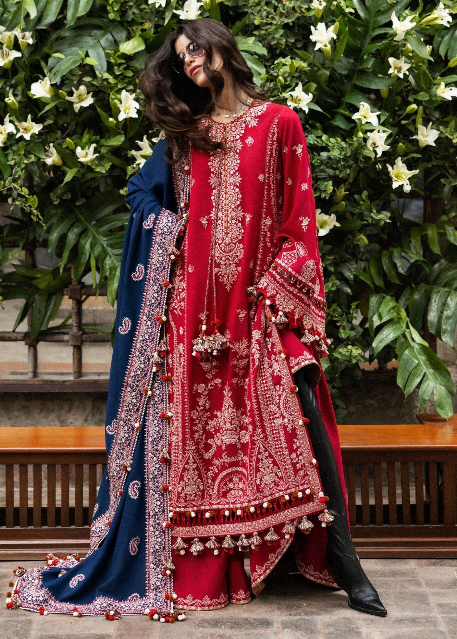 Model wearing Aman from Hussain Rehar's Karandi AW '24 collection, featuring elegant designs. Luxury Pakistani clothes online in UK.