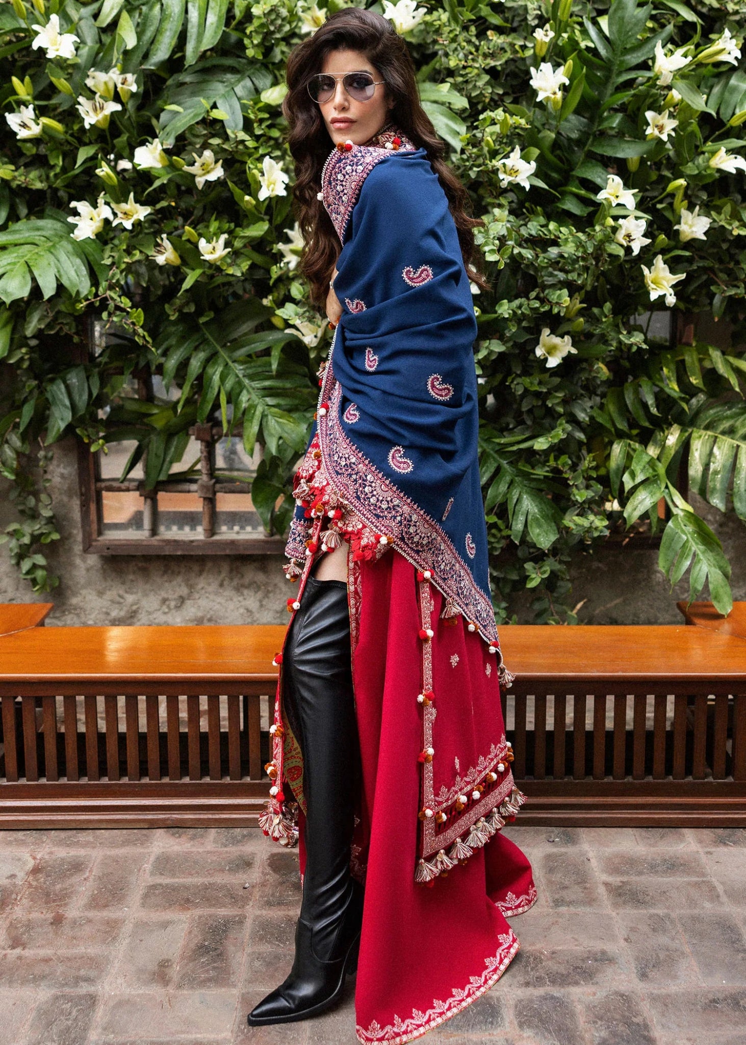 Model wearing Aman from Hussain Rehar's Karandi AW '24 collection, featuring elegant designs. Luxury Pakistani clothes online in UK.