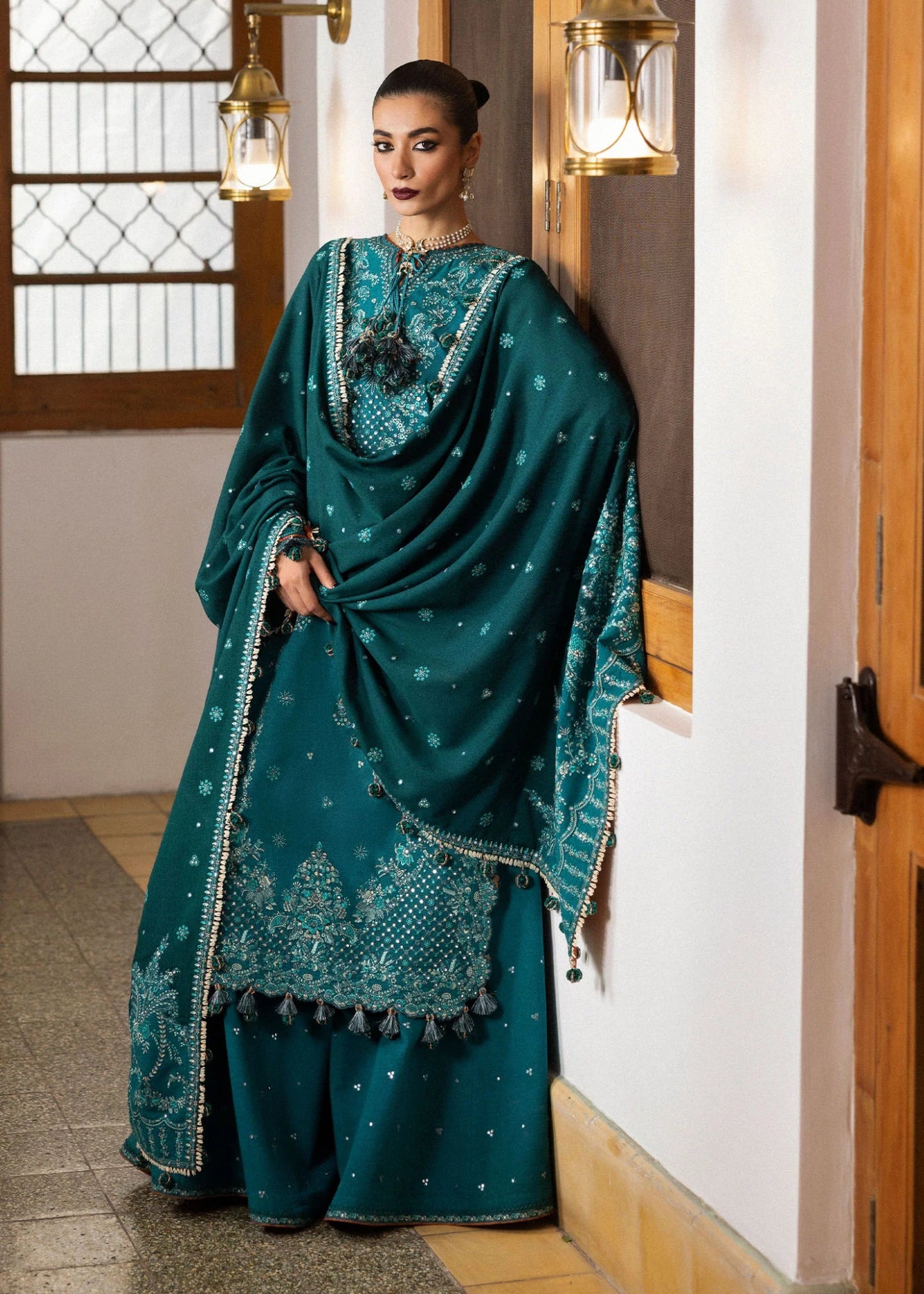 Model wearing Durk from Hussain Rehar's Karandi AW '24, showcasing luxury Pakistani clothes online in UK.