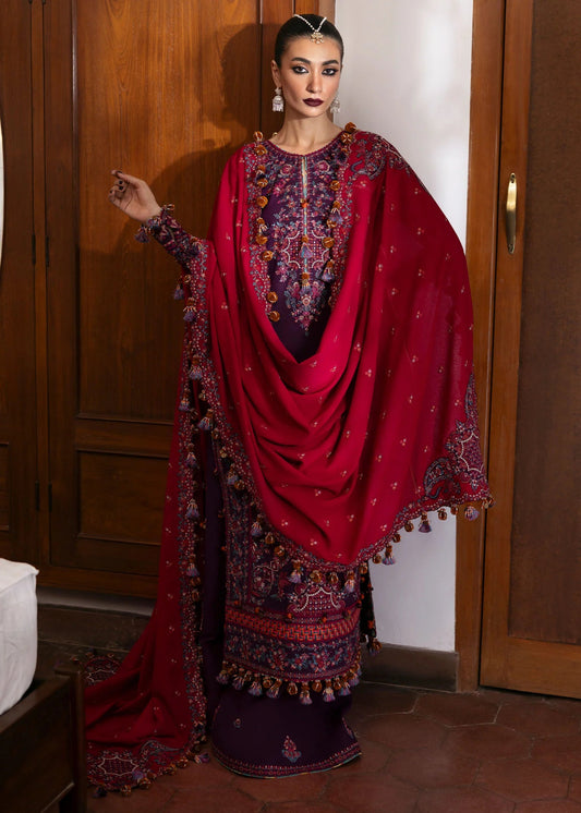 Model wearing Liliana from Hussain Rehar's Karandi AW '24, showcasing luxury Pakistani clothes online in UK.