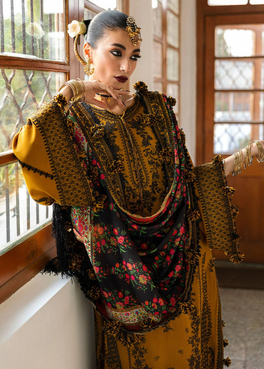 Model wearing Saage from Hussain Rehar's Karandi AW '24, showcasing luxury Pakistani clothes online in UK.