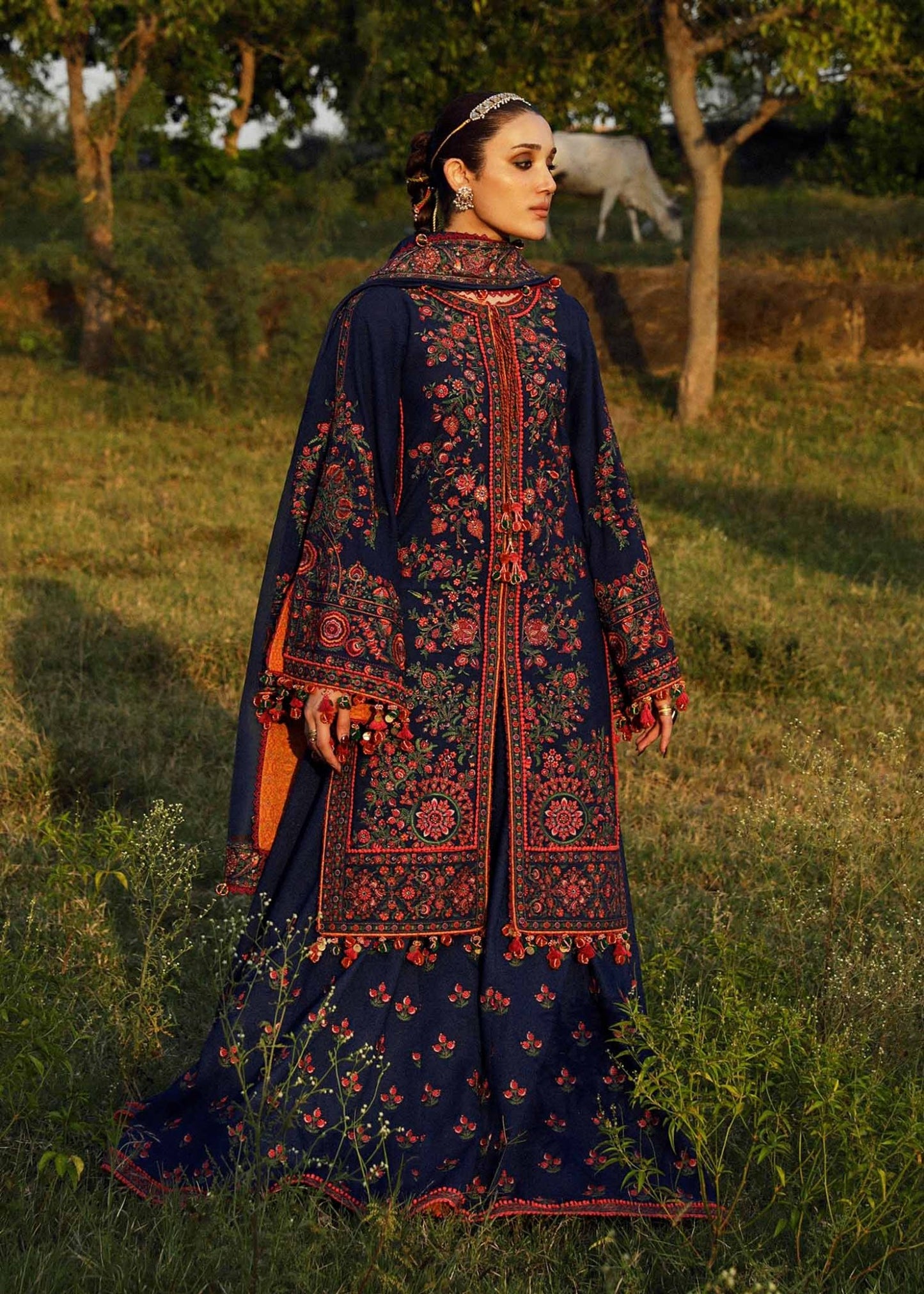 Model in Hussain Rehar UK Aegean, exquisite blue ensemble from Karandi Aw'23 line.