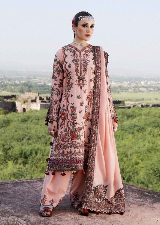 Elegant Calla lily outfit by Hussain Rehar UK, Karandi Aw'23, detailed embroidery.