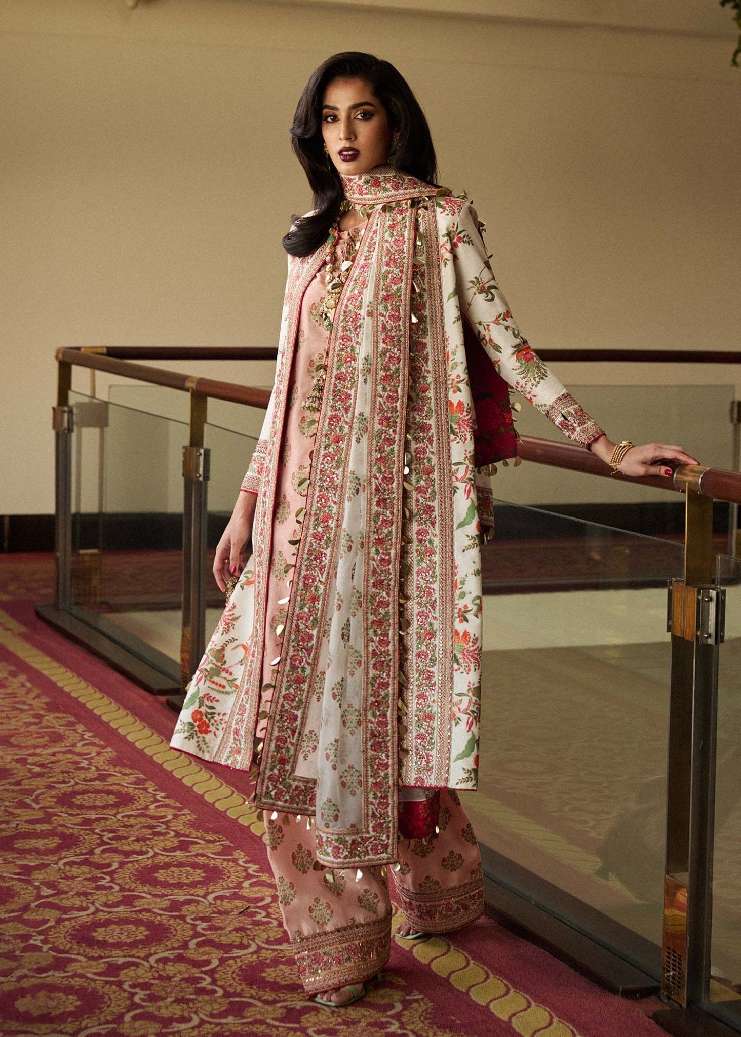 Model wearing Hussain Rehar Aaaji dress in cream and peach color, ideal for Pakistani Eid suits in the UK.