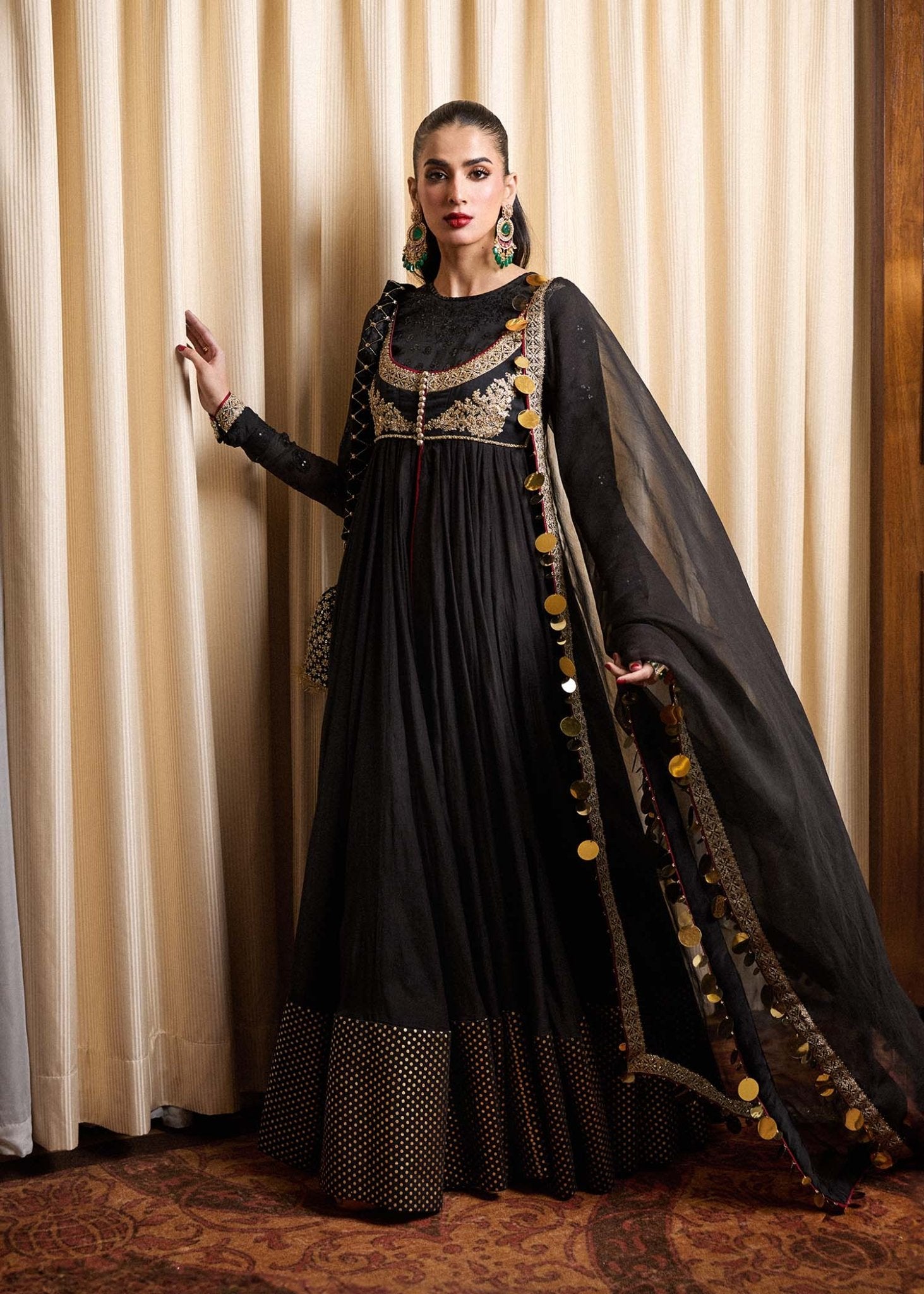 Model wearing Hussain Rehar Rubai black dress, perfect for Pakistani Eid clothes in the UK.