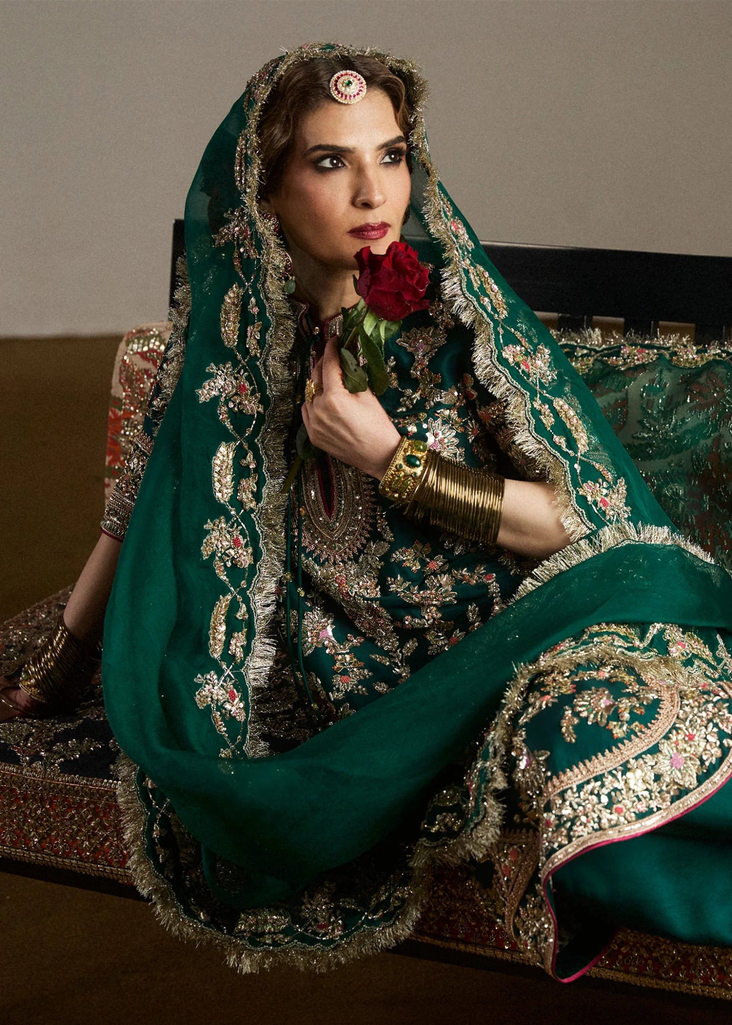 Model wearing Mayle from Hussain Rehar's Rehar Nagar Bridals '24, embodying elegant bridal fashion. Pakistani clothes online in UK.