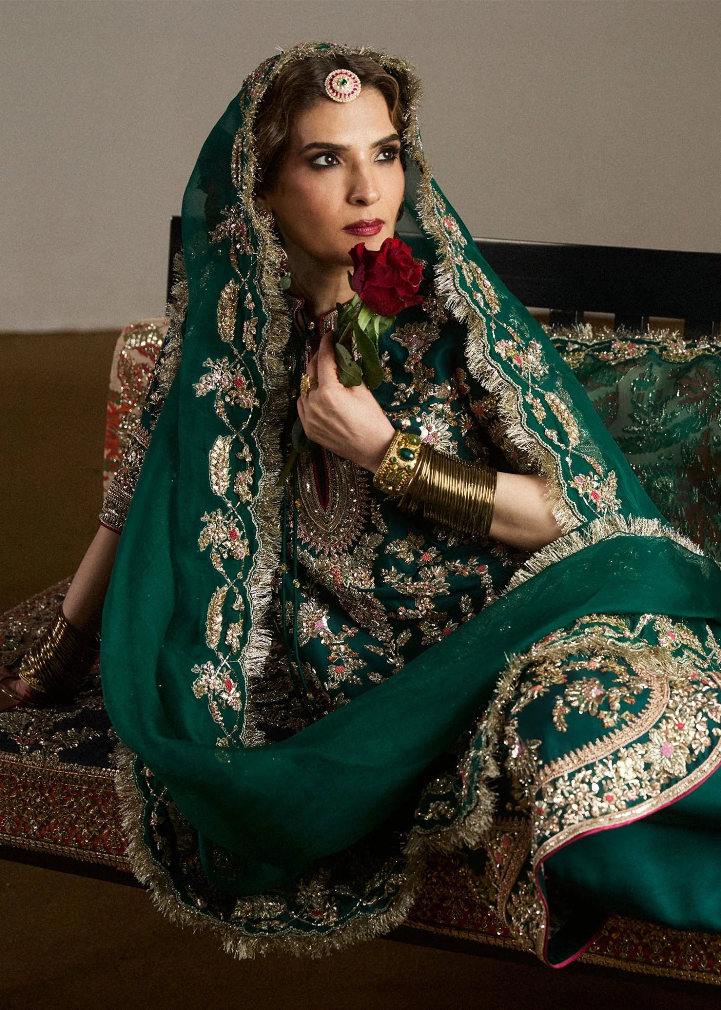 Model wearing Mayle from Hussain Rehar's Rehar Nagar Bridals '24, embodying elegant bridal fashion. Pakistani clothes online in UK.