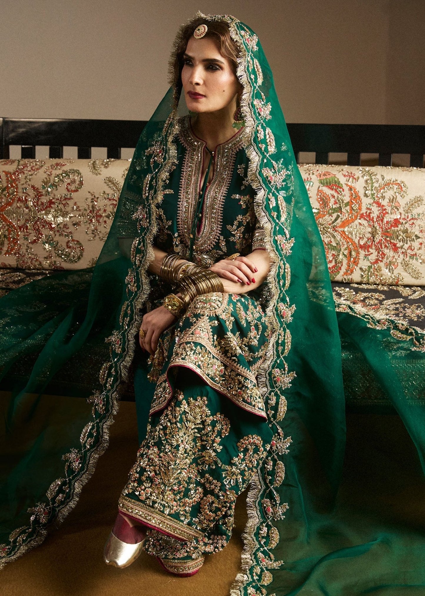 Model wearing Mayle from Hussain Rehar's Rehar Nagar Bridals '24, embodying elegant bridal fashion. Pakistani clothes online in UK.