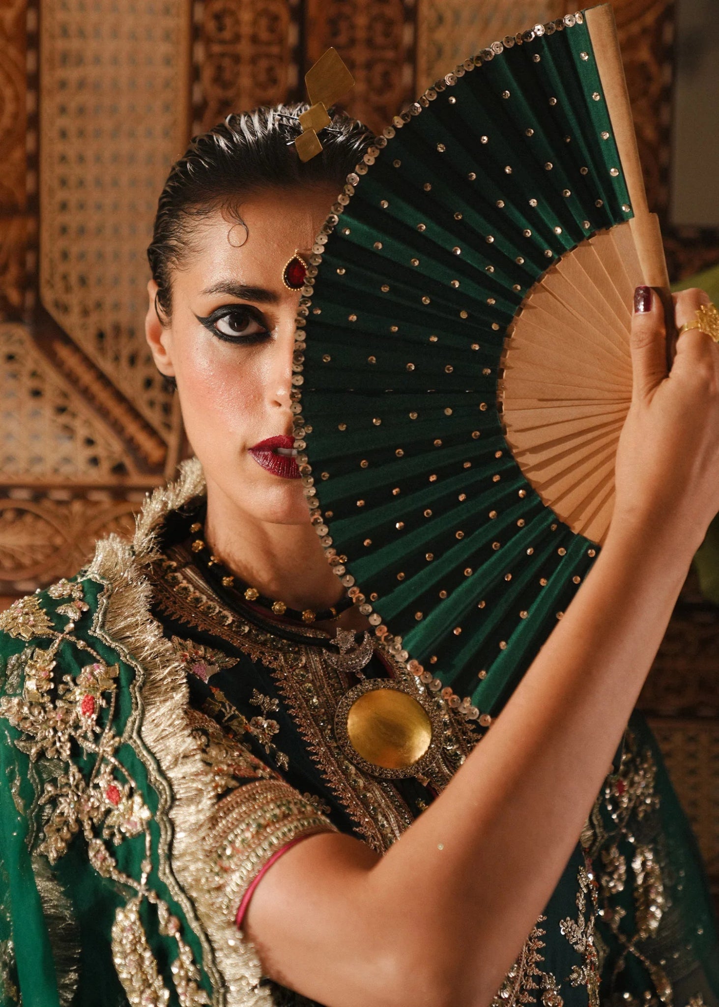 Model wearing Mayle from Hussain Rehar's Rehar Nagar Bridals '24, embodying elegant bridal fashion. Pakistani clothes online in UK.