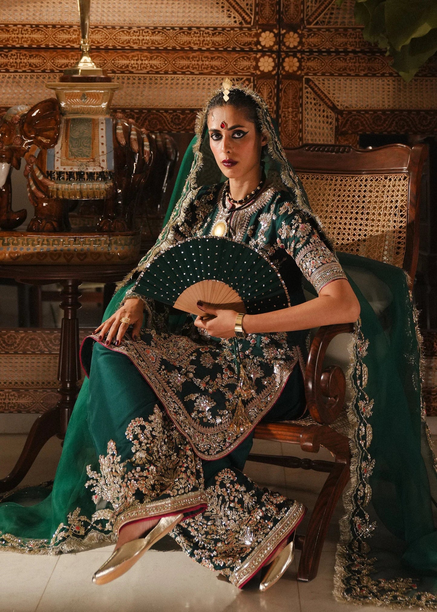 Model wearing Mayle from Hussain Rehar's Rehar Nagar Bridals '24, embodying elegant bridal fashion. Pakistani clothes online in UK.