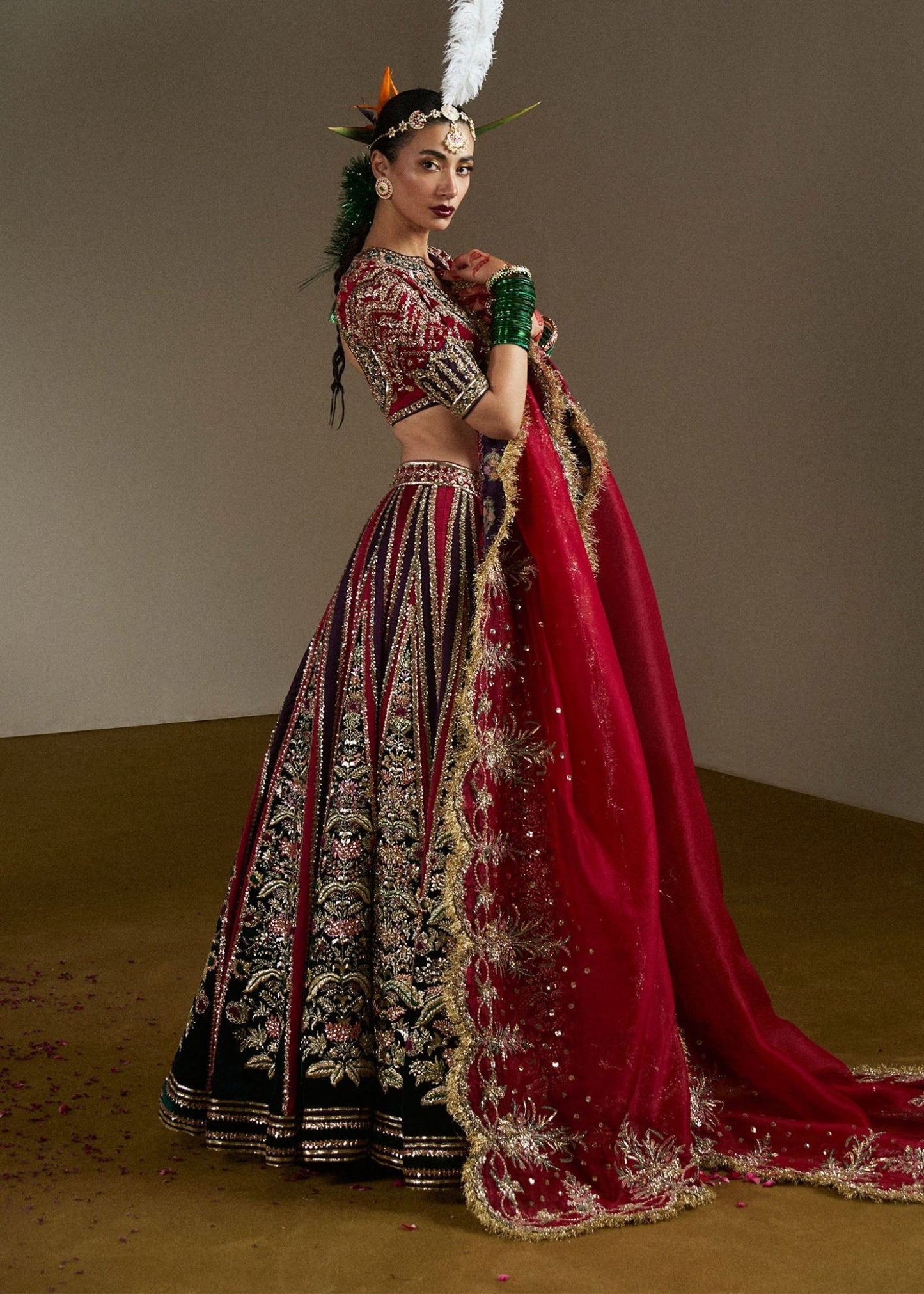 Model wearing Mushq from Hussain Rehar's Rehar Nagar Bridals '24, showcasing refined bridal craftsmanship. Pakistani clothes online in UK.