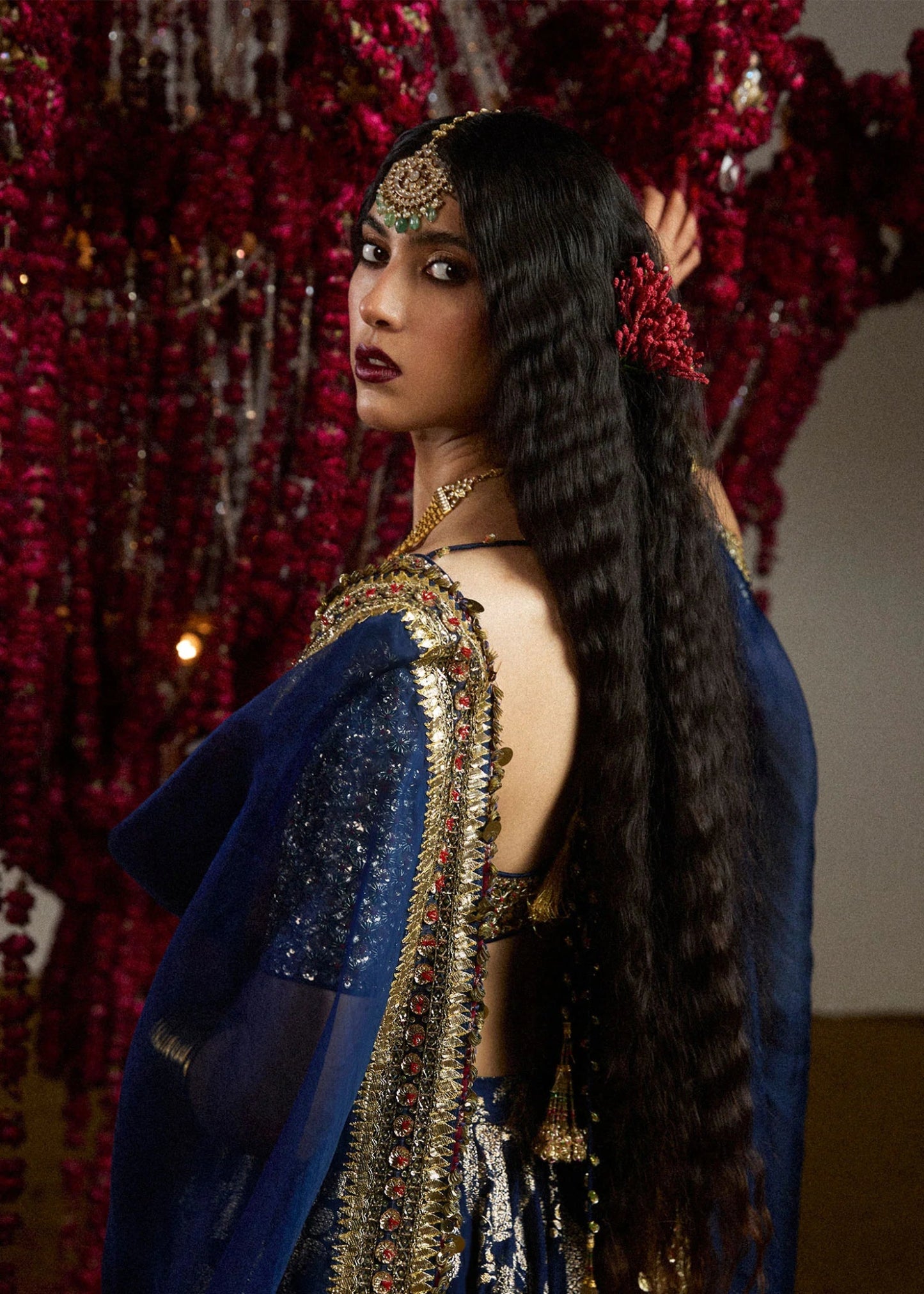 Model wearing Neelam II from Hussain Rehar's Rehar Nagar Bridals '24, an elegant bridal outfit. Pakistani clothes online in UK.