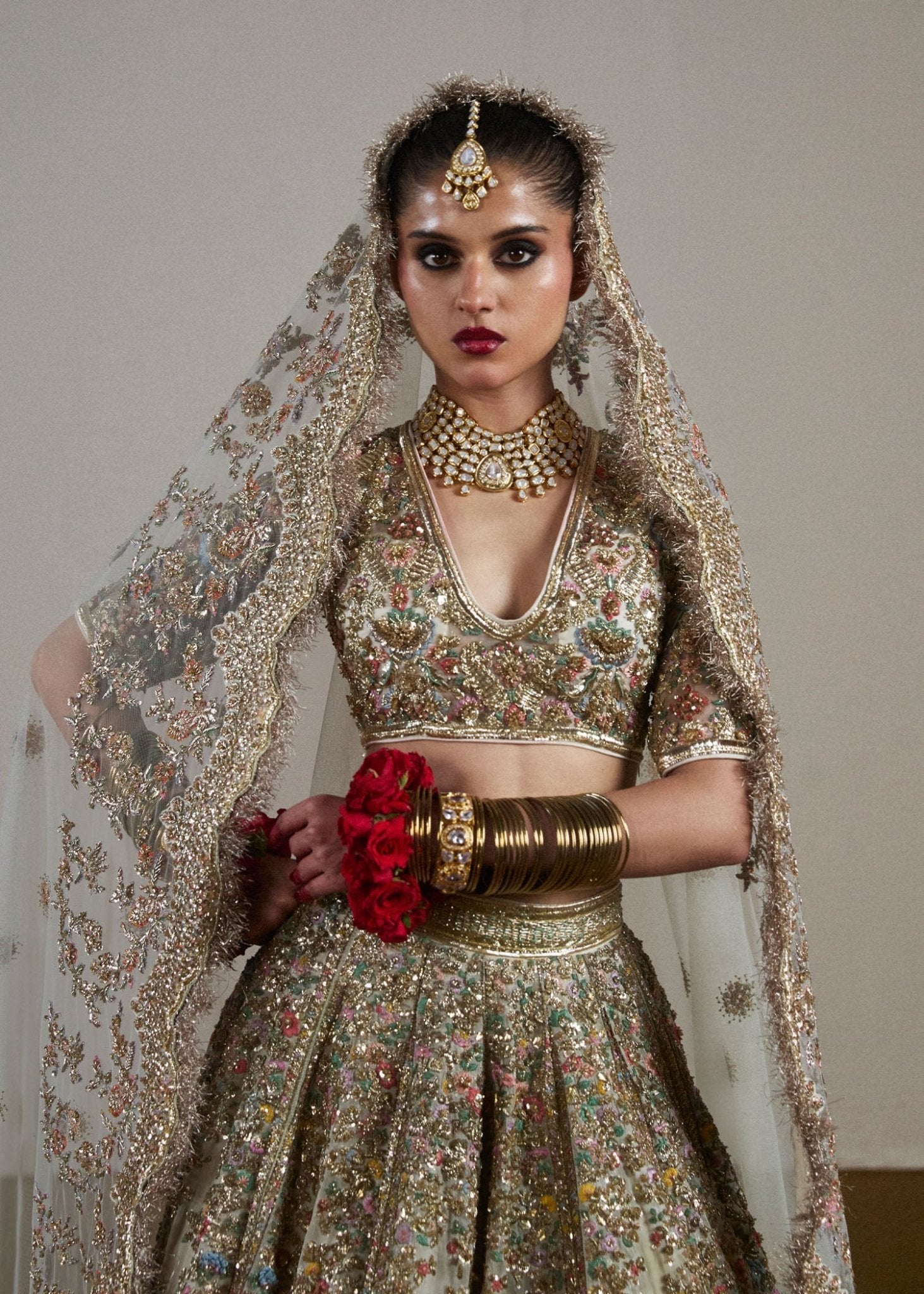 Model wearing Sawara from Hussain Rehar's Rehar Nagar Bridals '24, a luxurious bridal ensemble. Pakistani clothes online in UK.