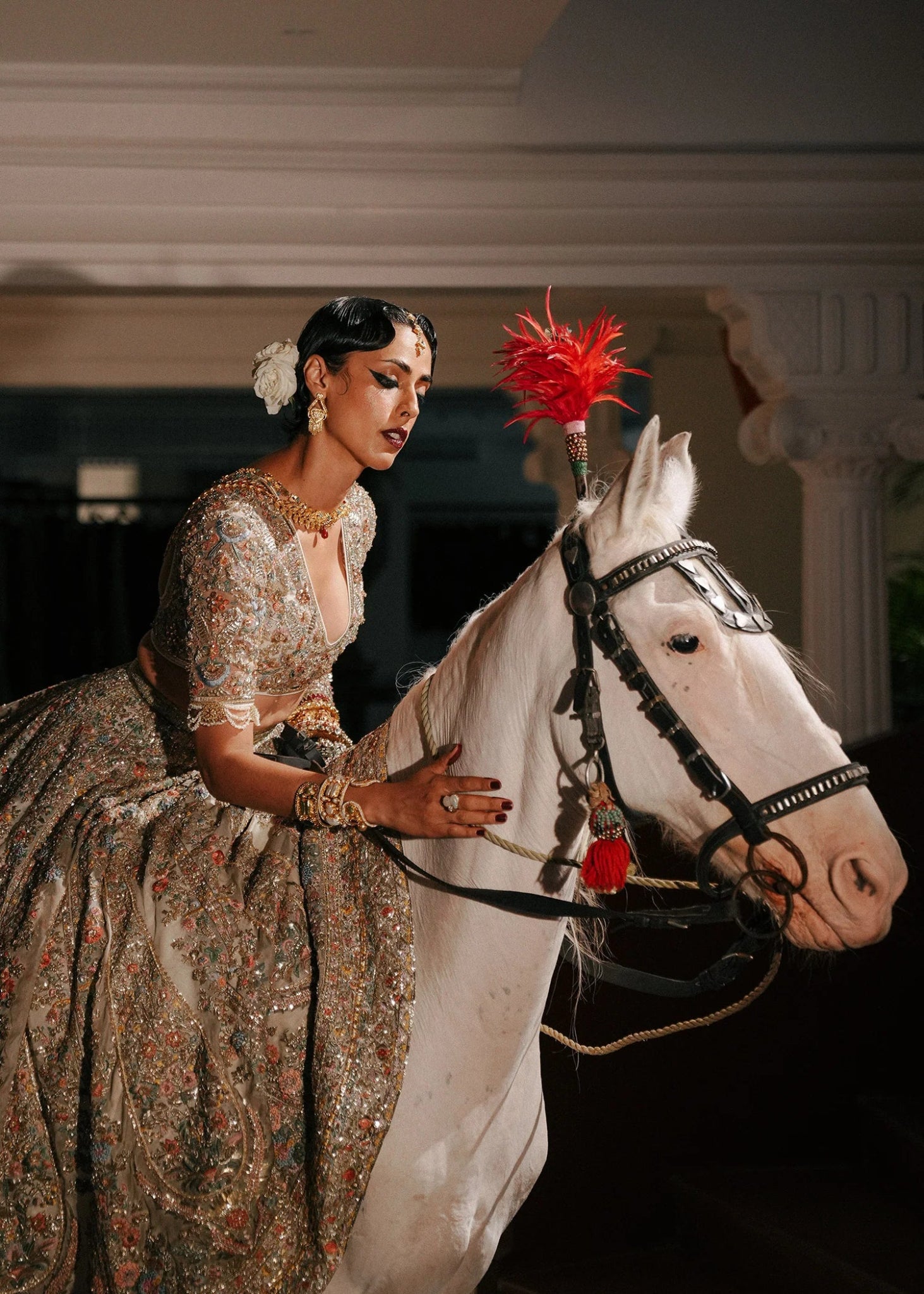 Model wearing Sawara from Hussain Rehar's Rehar Nagar Bridals '24, a luxurious bridal ensemble. Pakistani clothes online in UK.