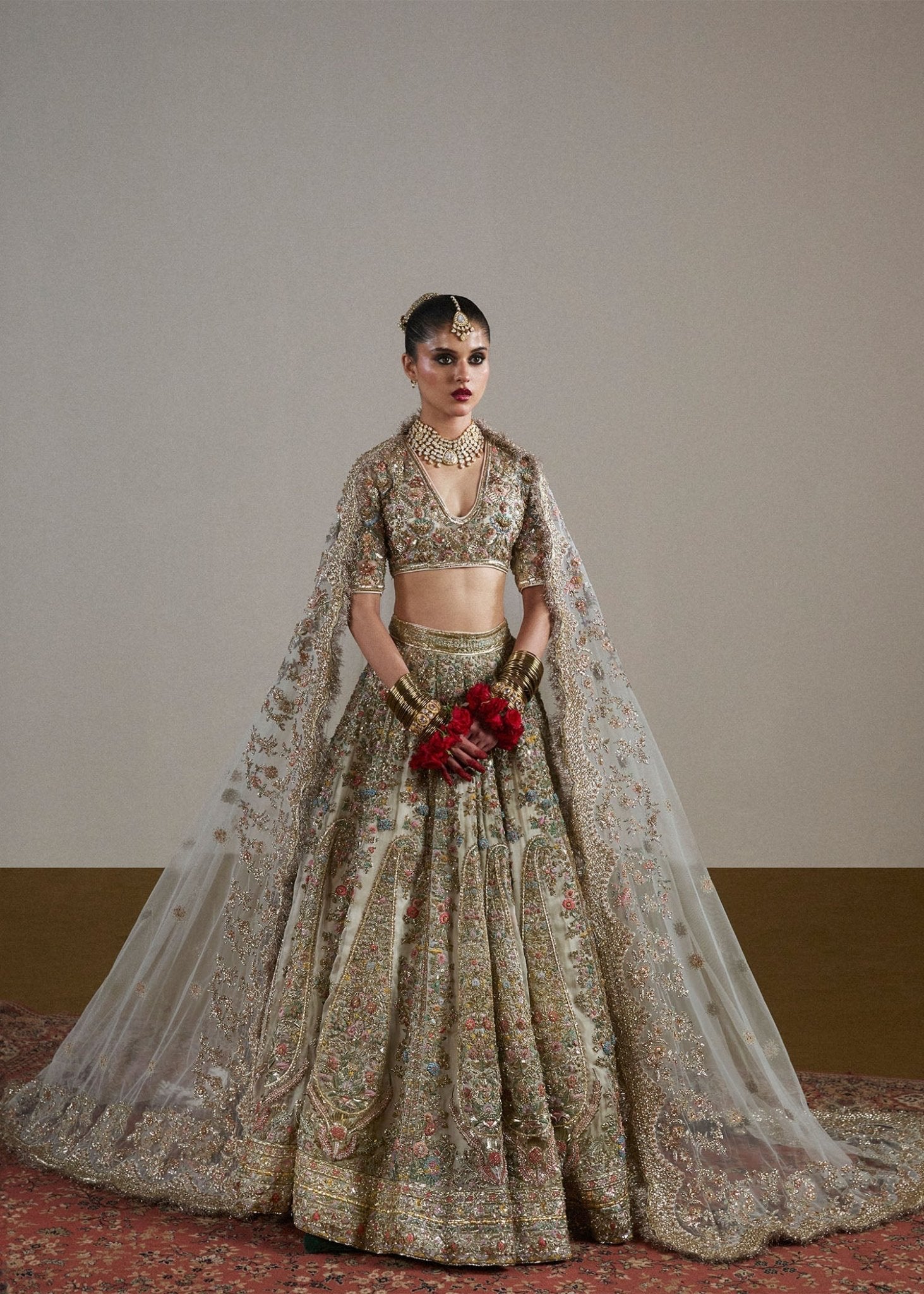 Model wearing Sawara from Hussain Rehar's Rehar Nagar Bridals '24 collection, showcasing intricate bridal designs. Pakistani clothes online in UK.