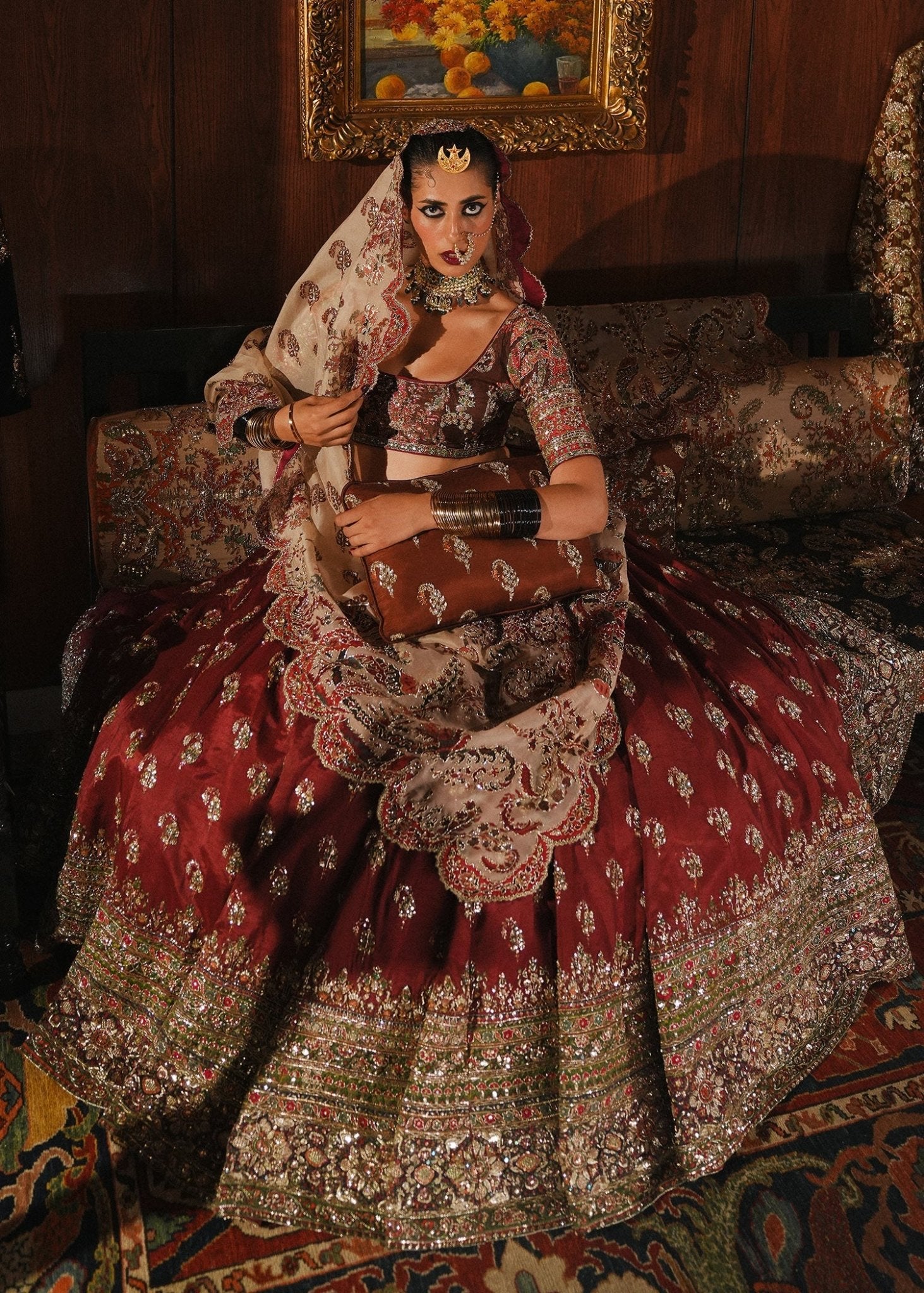 Model wearing Surkh from Hussain Rehar's Rehar Nagar Bridals '24, featuring elegant bridal design. Pakistani clothes online in UK.