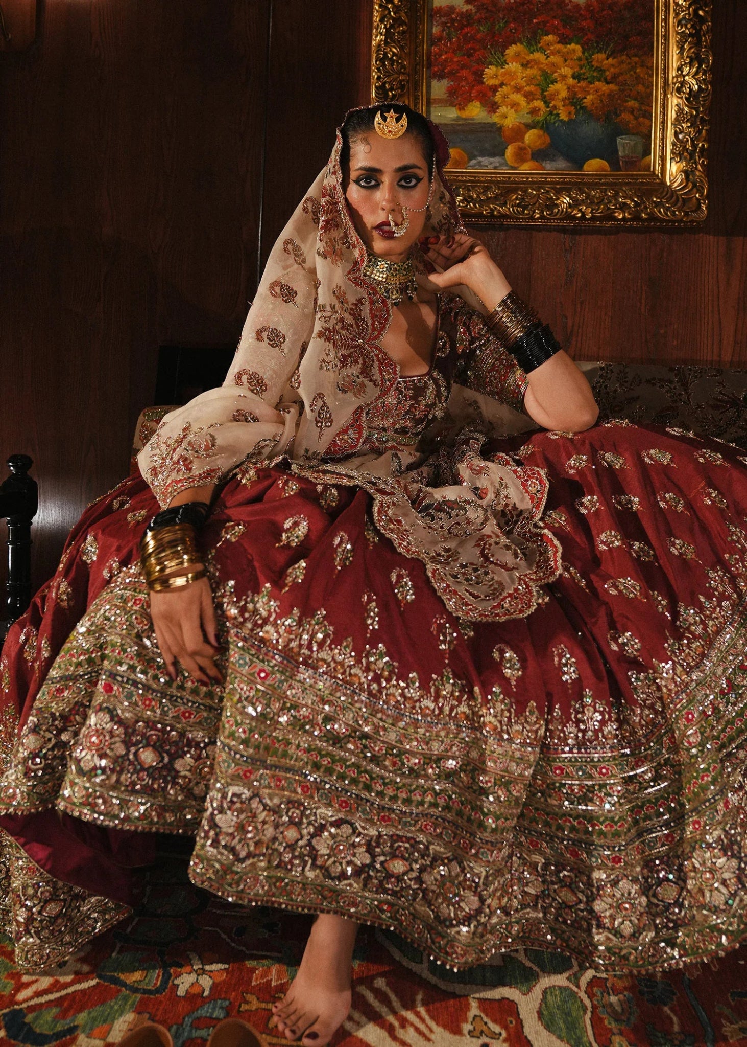 Model wearing Surkh from Hussain Rehar's Rehar Nagar Bridals '24, featuring elegant bridal design. Pakistani clothes online in UK.