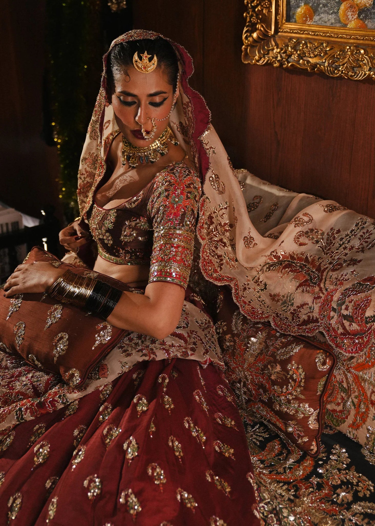 Model wearing Surkh from Hussain Rehar's Rehar Nagar Bridals '24, featuring elegant bridal design. Pakistani clothes online in UK.