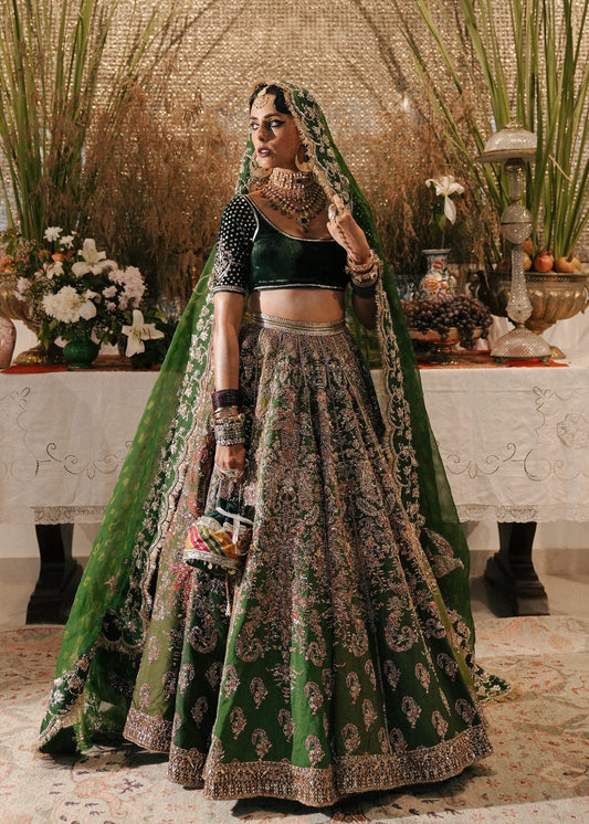 Model wearing Zarqoon from Hussain Rehar's Rehar Nagar Bridals '24, showcasing exquisite bridal attire. Pakistani clothes online in UK.