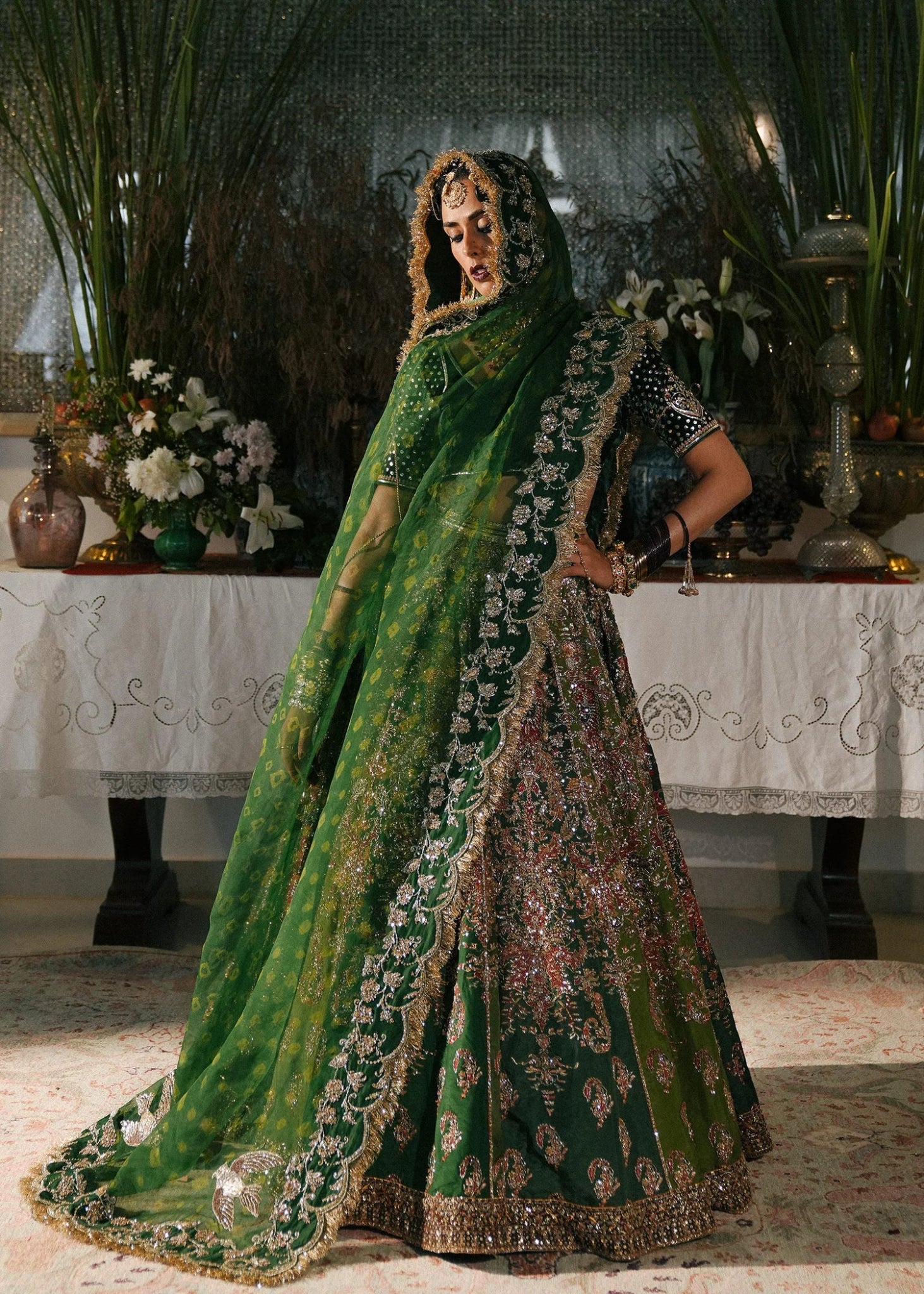 Model wearing Zarqoon from Hussain Rehar's Rehar Nagar Bridals '24, showcasing exquisite bridal attire. Pakistani clothes online in UK.