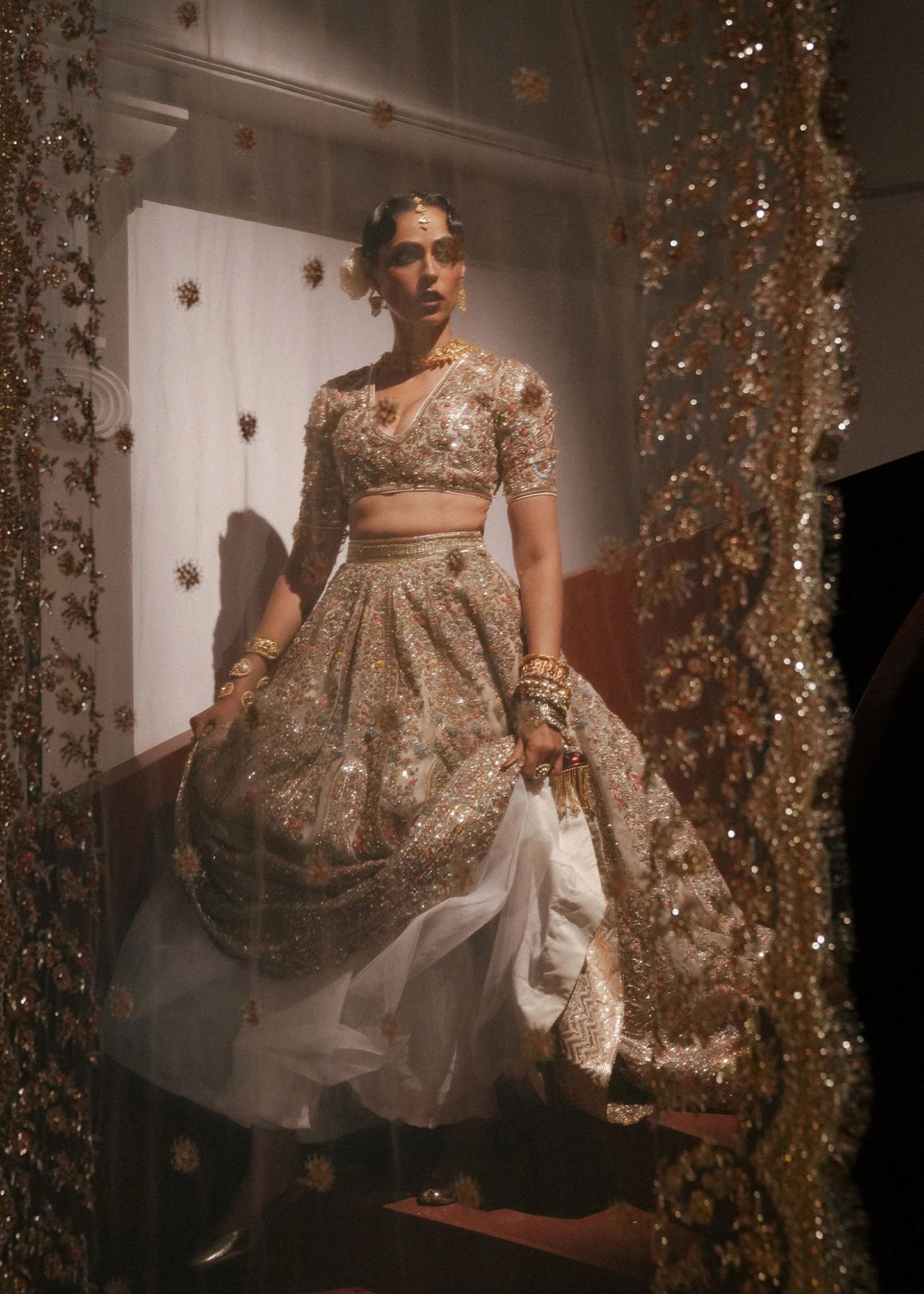 Luxury designer Hussain Rehar | Rehar Nagar Bridals'24 | Sawara, an intricately embroidered bridal lehenga in pastel tones, perfect for formal Pakistani wedding wear. Available online in the UK.