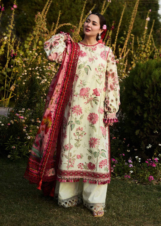 Model wearing Hussain Rehar Gleam dress in off - white with pink floral embroidery, ideal for Pakistani designer clothes in the UK.