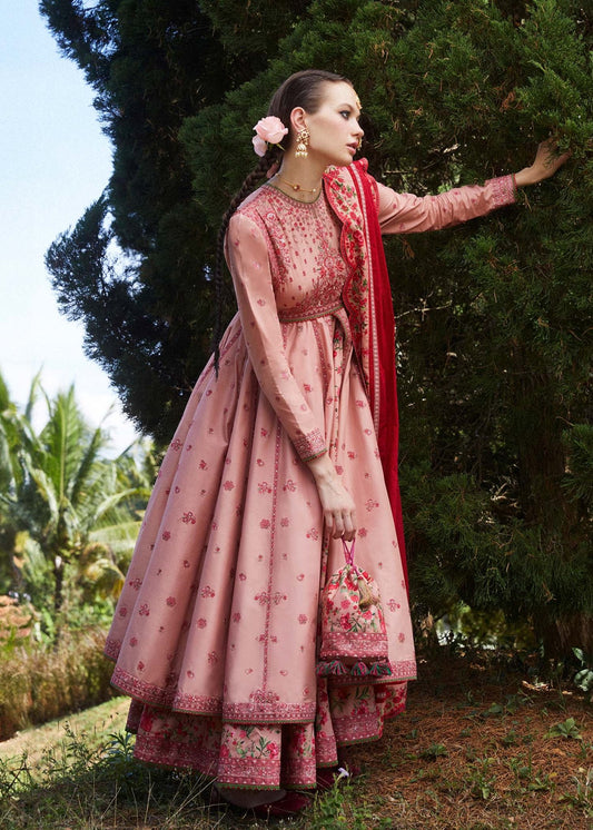 Model in Hussain Rehar Mithaas dress, blush pink with red details, epitome of Pakistani clothes UK.