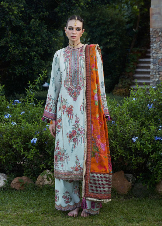 Model in Hussain Rehar Sumbul dress, a soft pastel with vibrant accents, a fusion of Pakistani clothes UK.