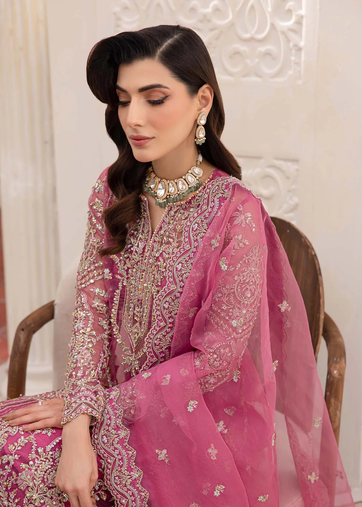 Model wearing pink Risha outfit from Kanwal Malik featuring heavy embroidery—Pakistani luxury pret available online in UK.