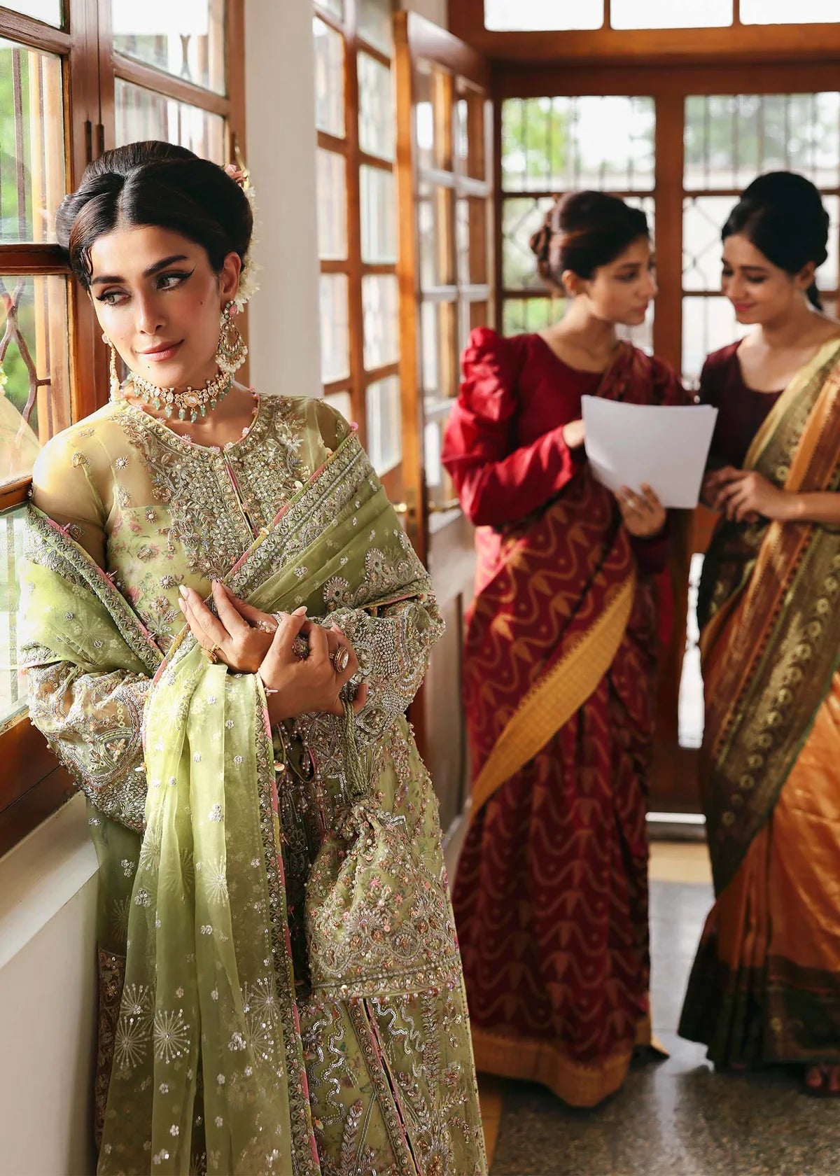 Model wearing Pakiza by Kanwal Malik in pastel green embroidered chiffon – Pakistani luxury pret available online in UK.