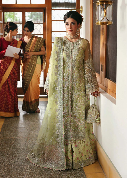 Model wearing Pakiza by Kanwal Malik in pastel green embroidered chiffon – Pakistani luxury pret available online in UK.